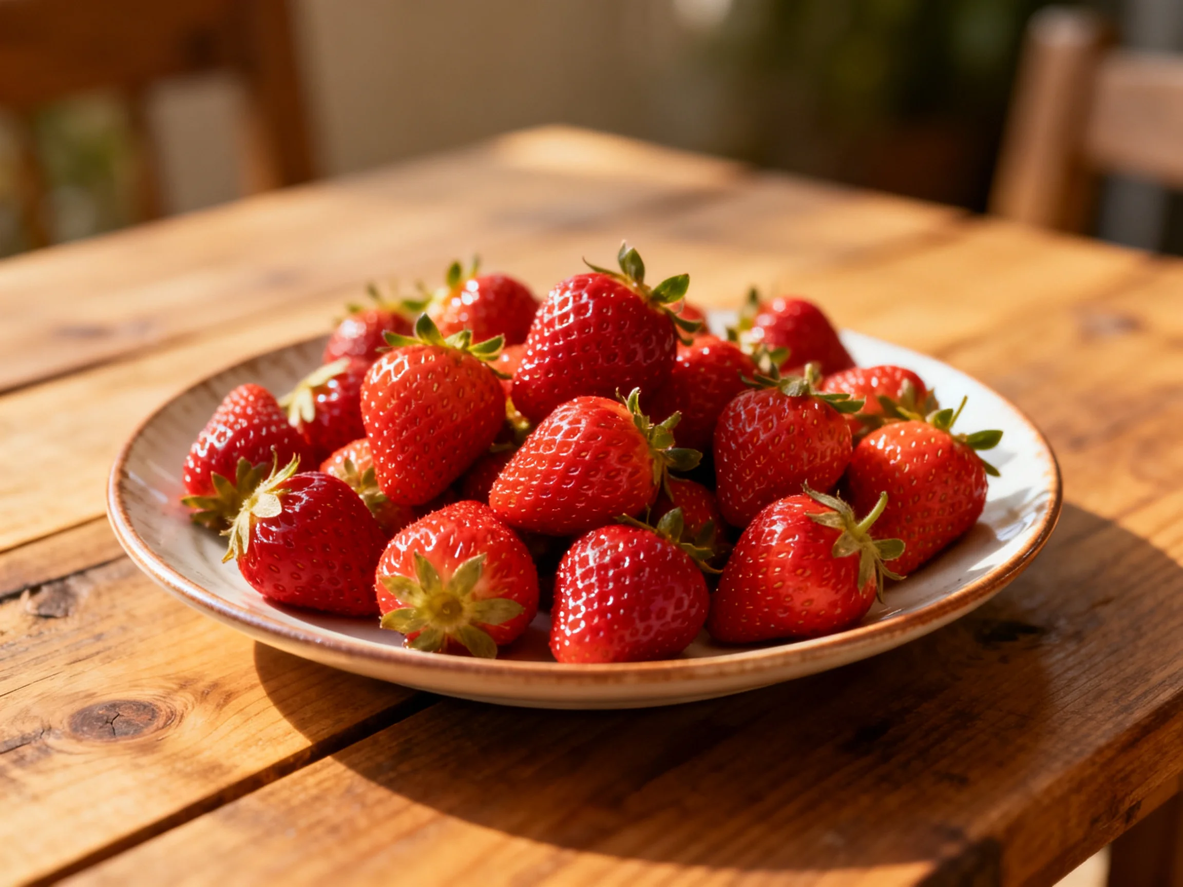 A bowl brimming with ripe red strawberries sits atop a wooden table.