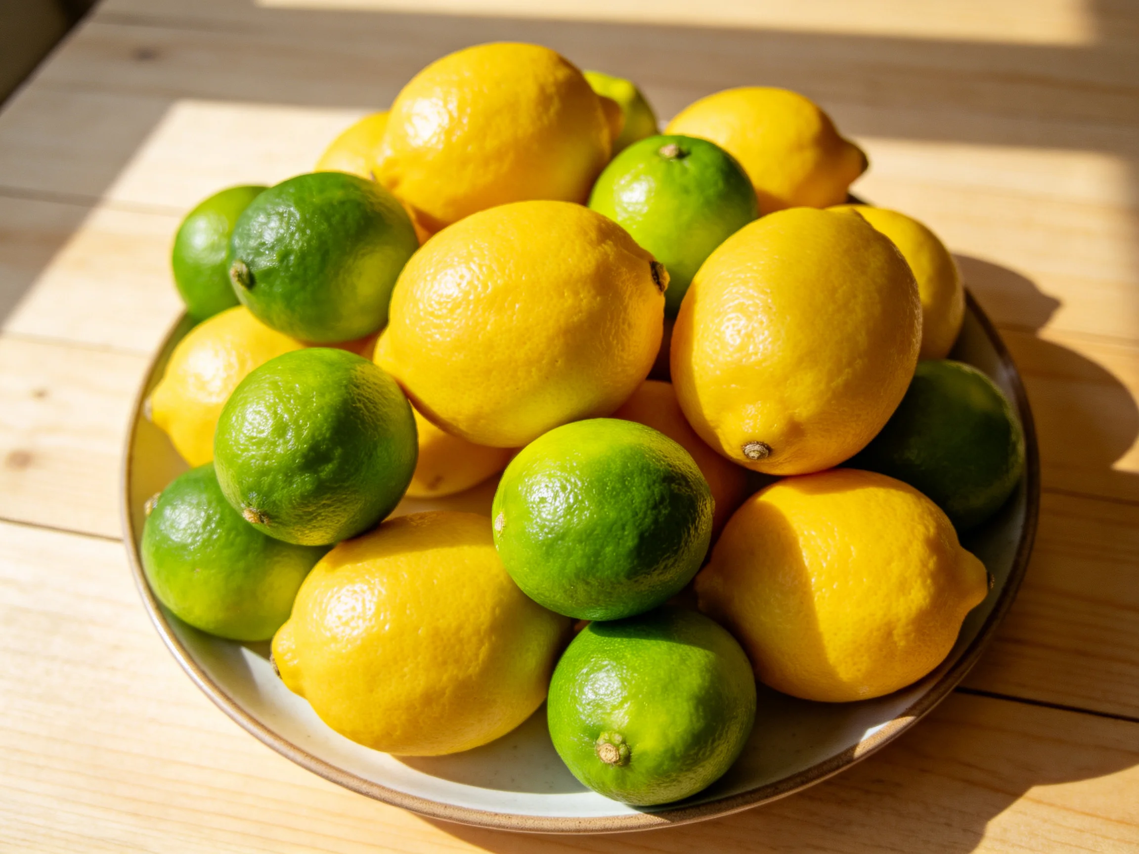 A bowl brimming with yellow lemons and green limes on a wooden table