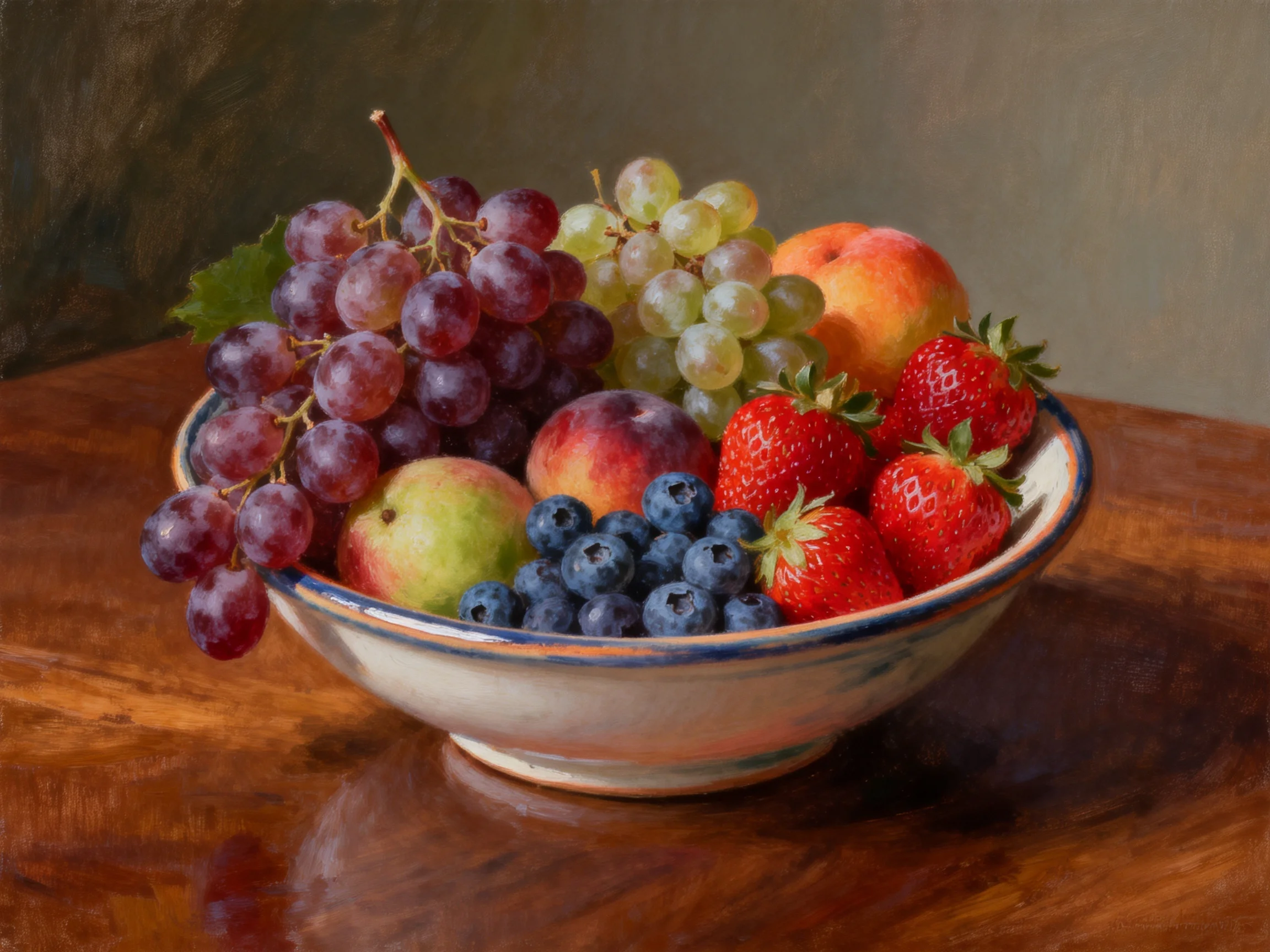 A bowl filled with colorful mixed fruits like grapes, strawberries, and blueberries