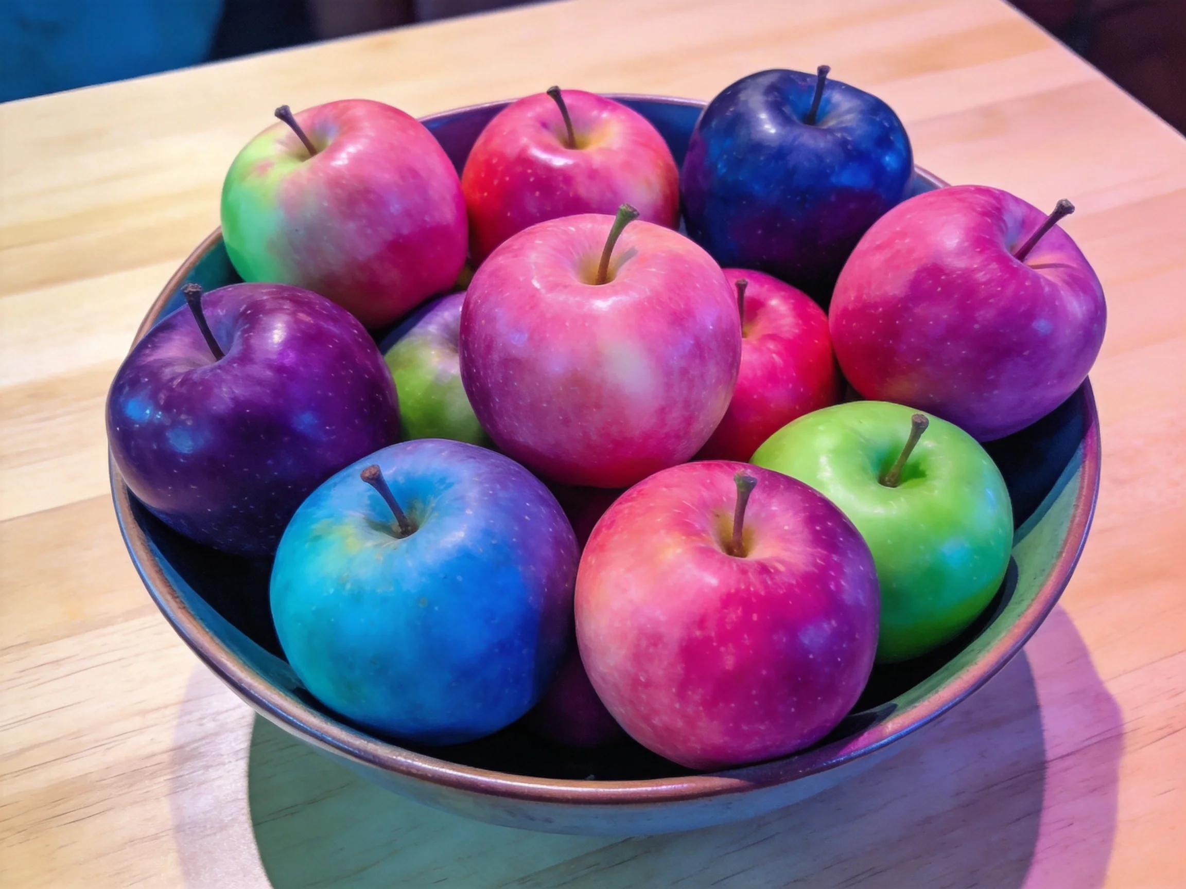 A bowl filled with multicolored apples in purple, blue, green, and pink hues.