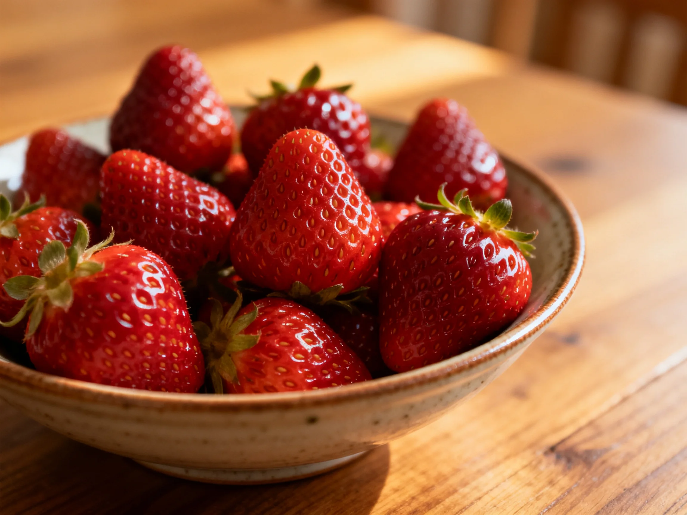 A bowl filled with plump, bright red strawberries sits on a wooden table