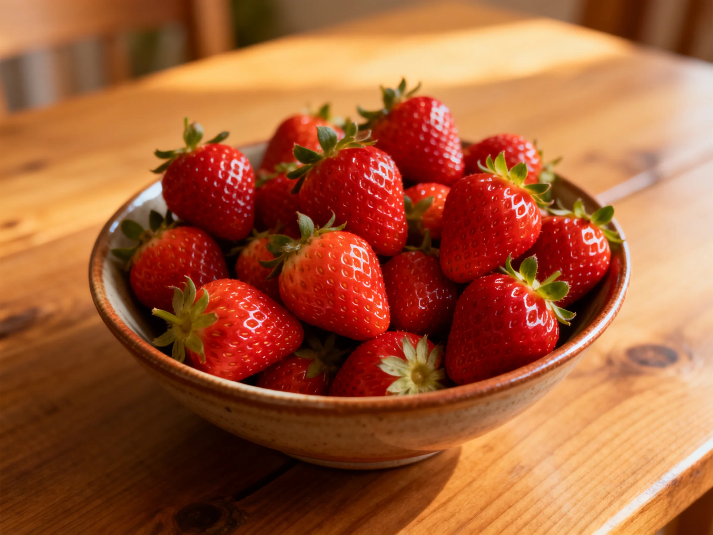 A bowl filled with plump red strawberries sits on a wooden table