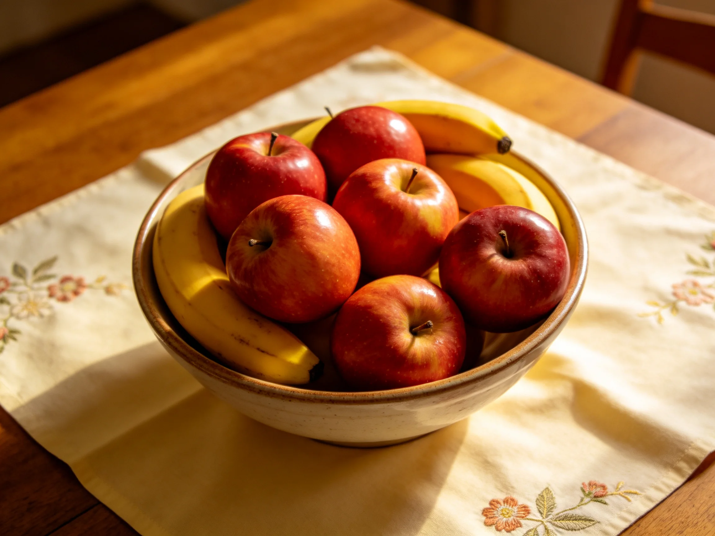 A bowl filled with red apples and yellow bananas on a floral placemat