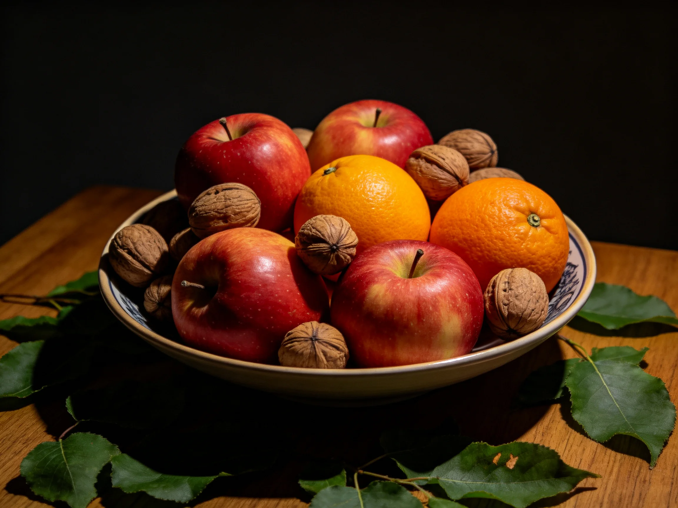 A bowl filled with red apples, bright oranges, and walnuts on a wooden table