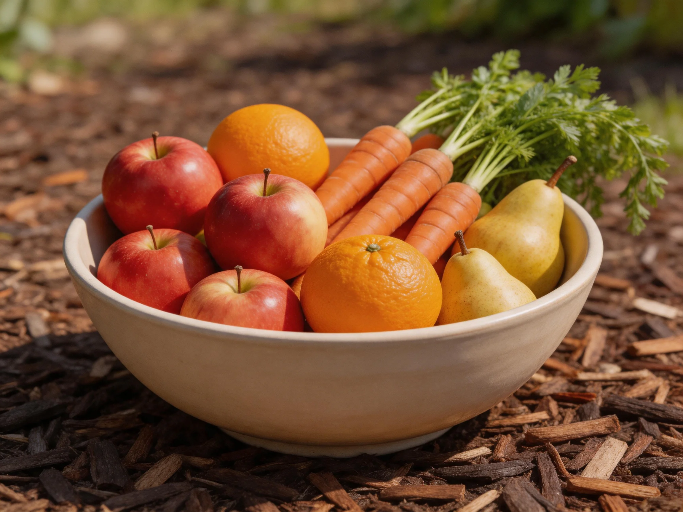 A bowl filled with red apples, oranges, pears, and carrots