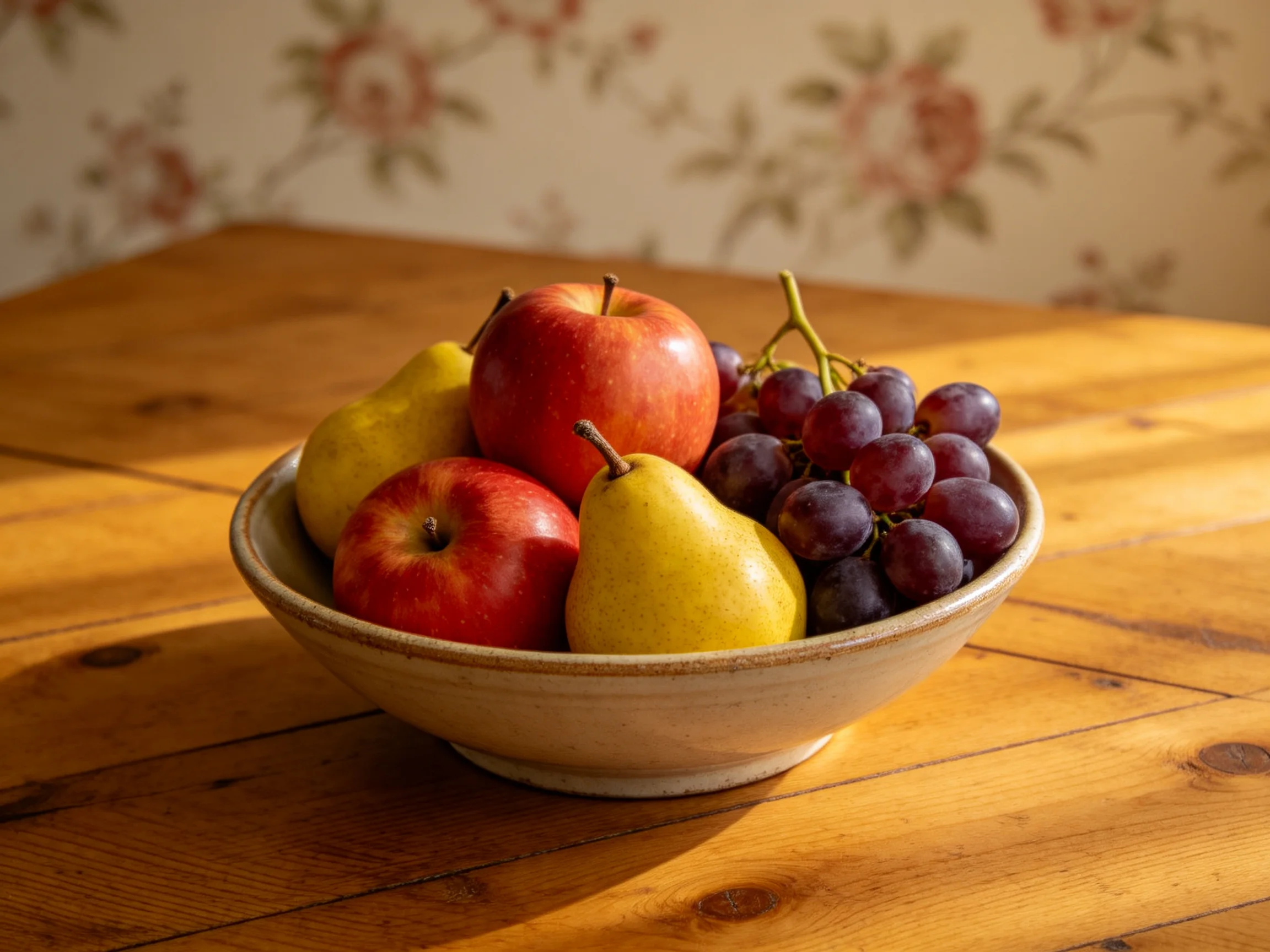 A bowl filled with red apples, yellow pears, and dark purple grapes