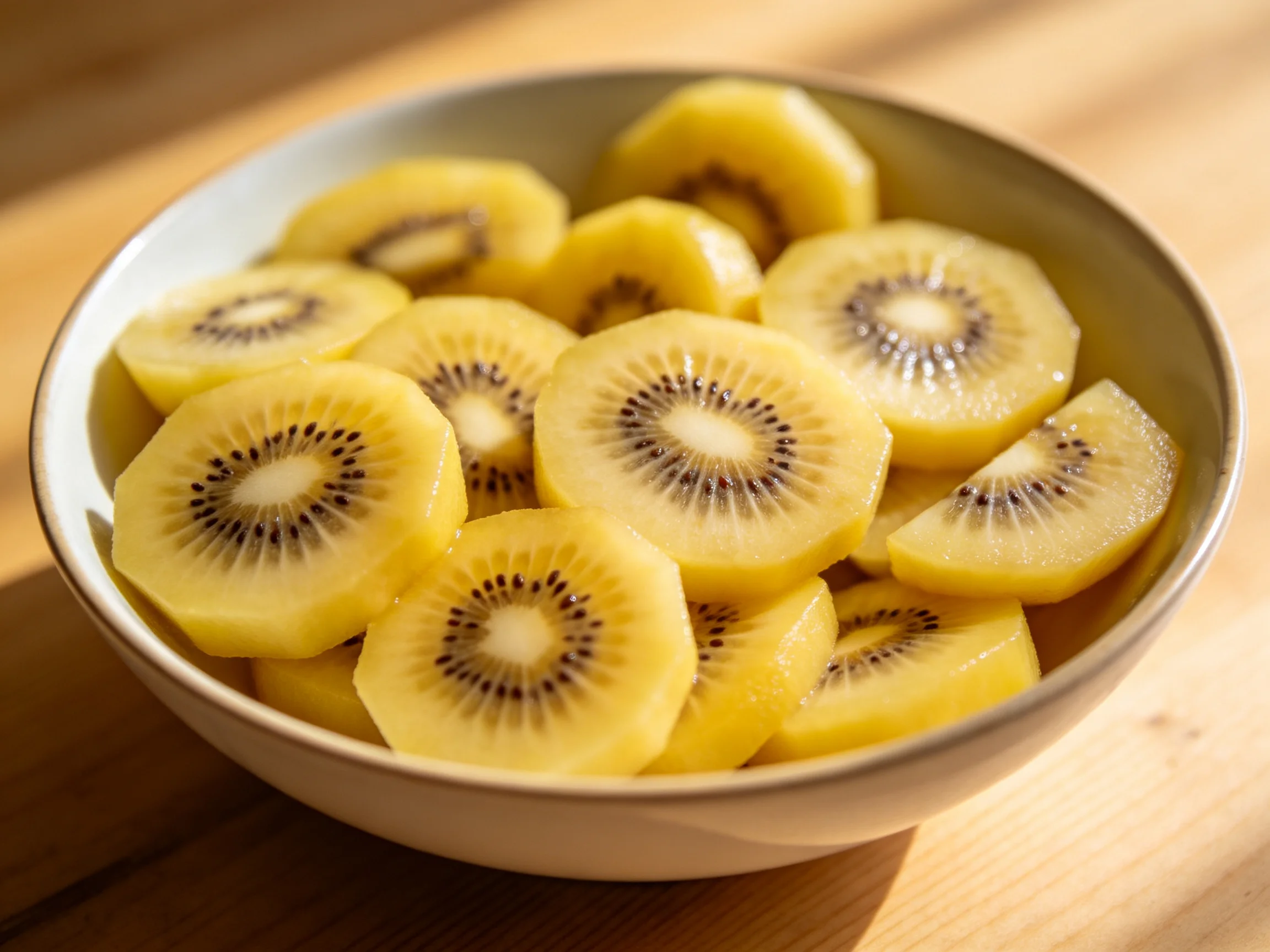 A bowl filled with sliced golden kiwi fruit