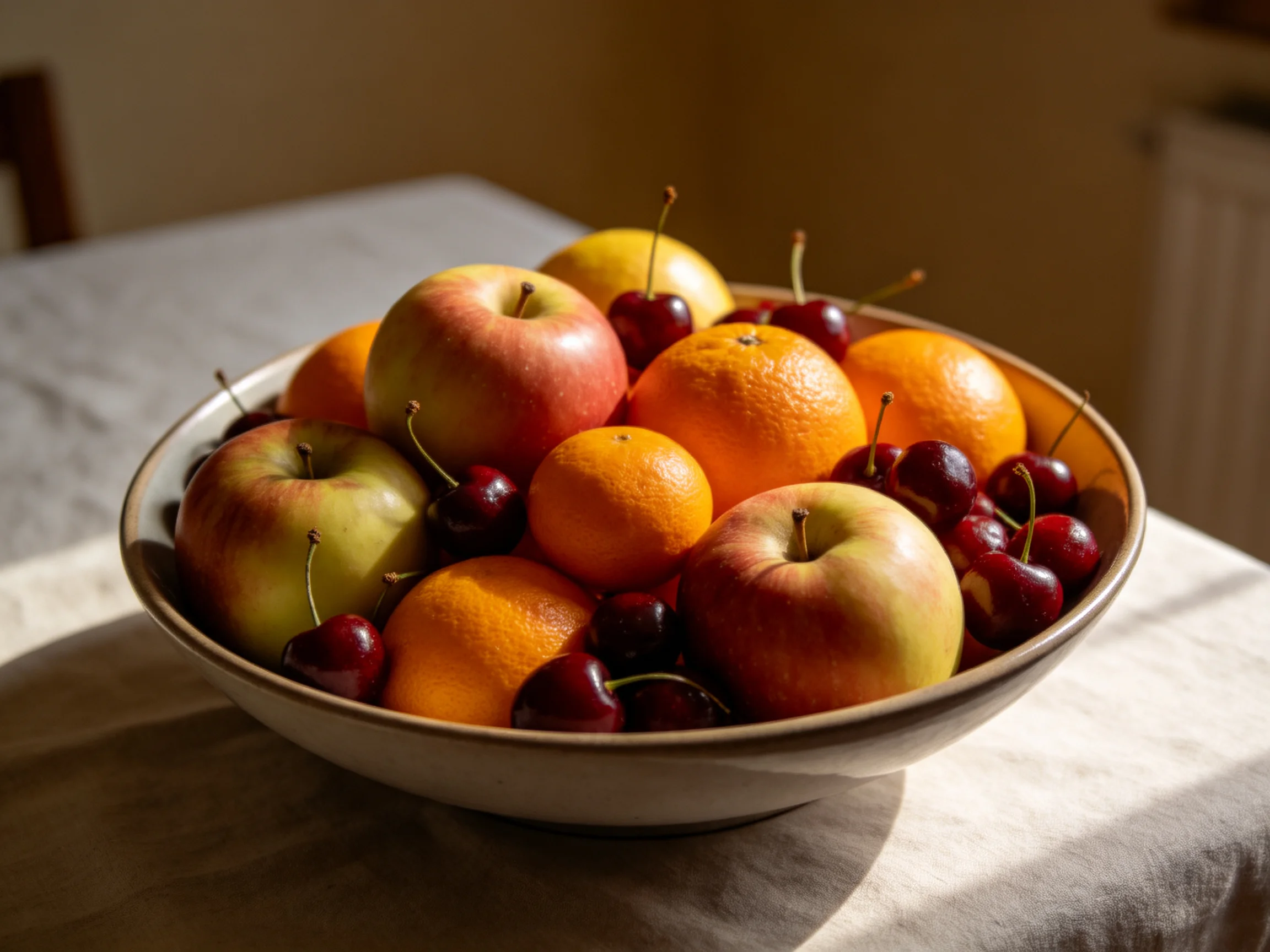 A bowl filled with vibrant fruits including apples, oranges, and cherries