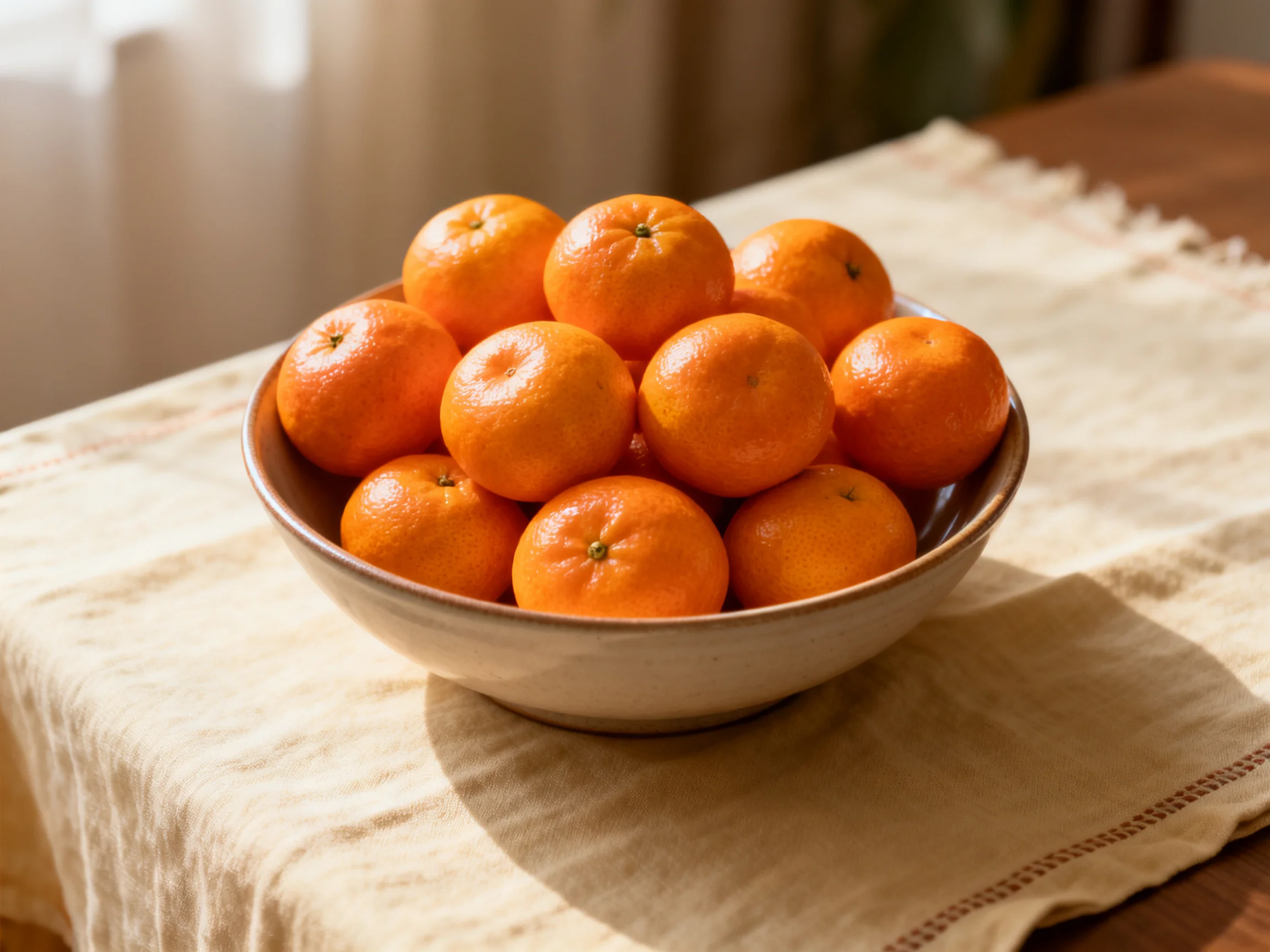 A bowl filled with vibrant orange tangerines on a beige cloth