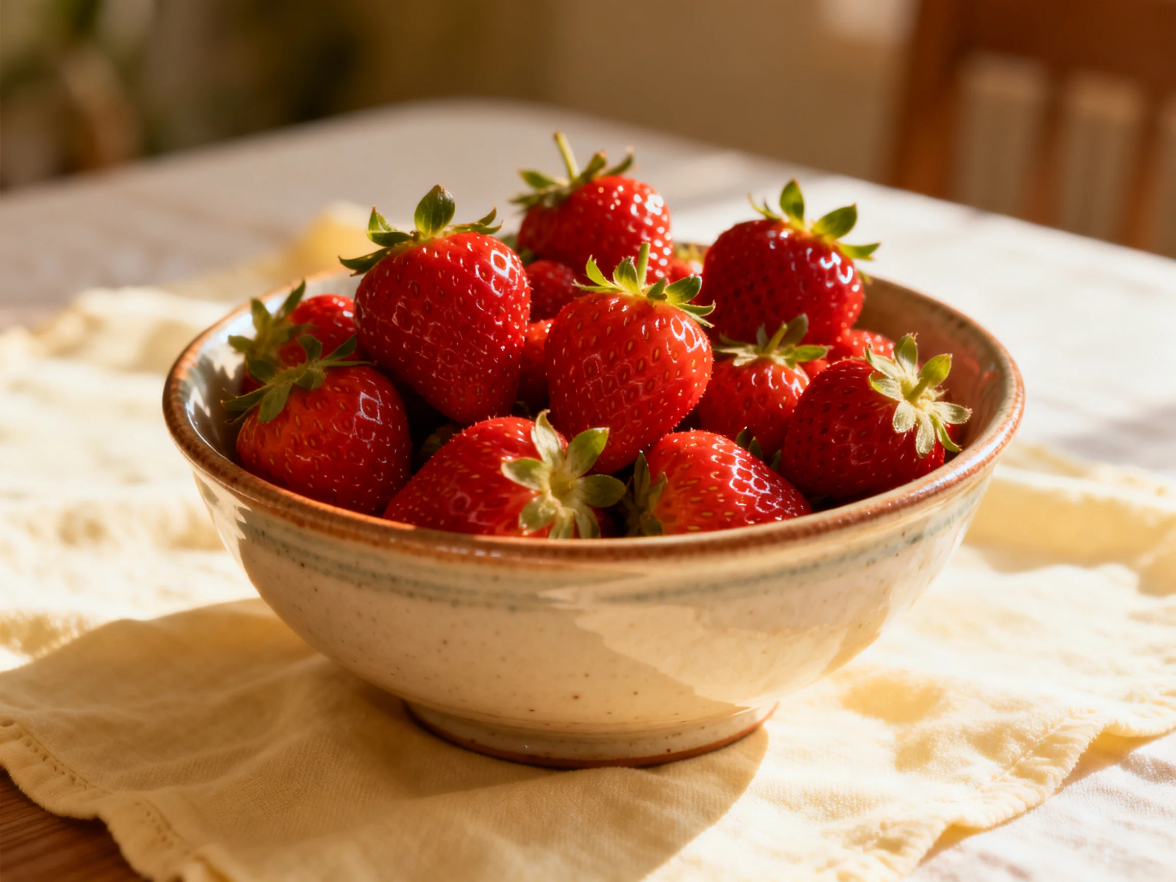 A bowl filled with vibrant red strawberries on a cream cloth