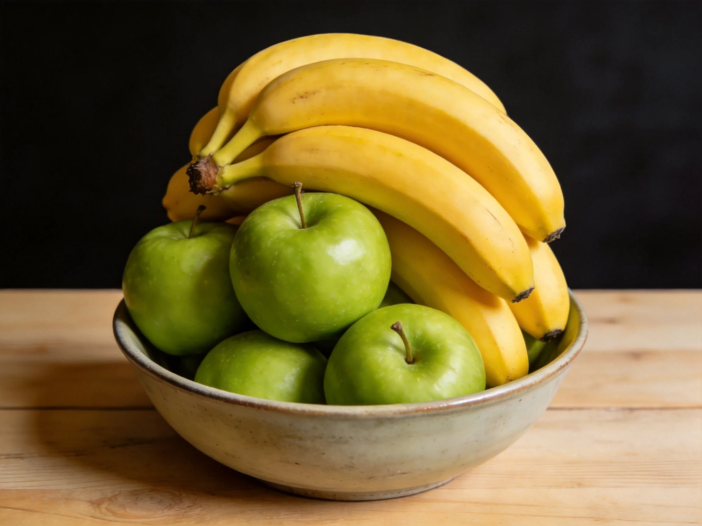 A bowl filled with yellow bananas and green apples on a wooden table