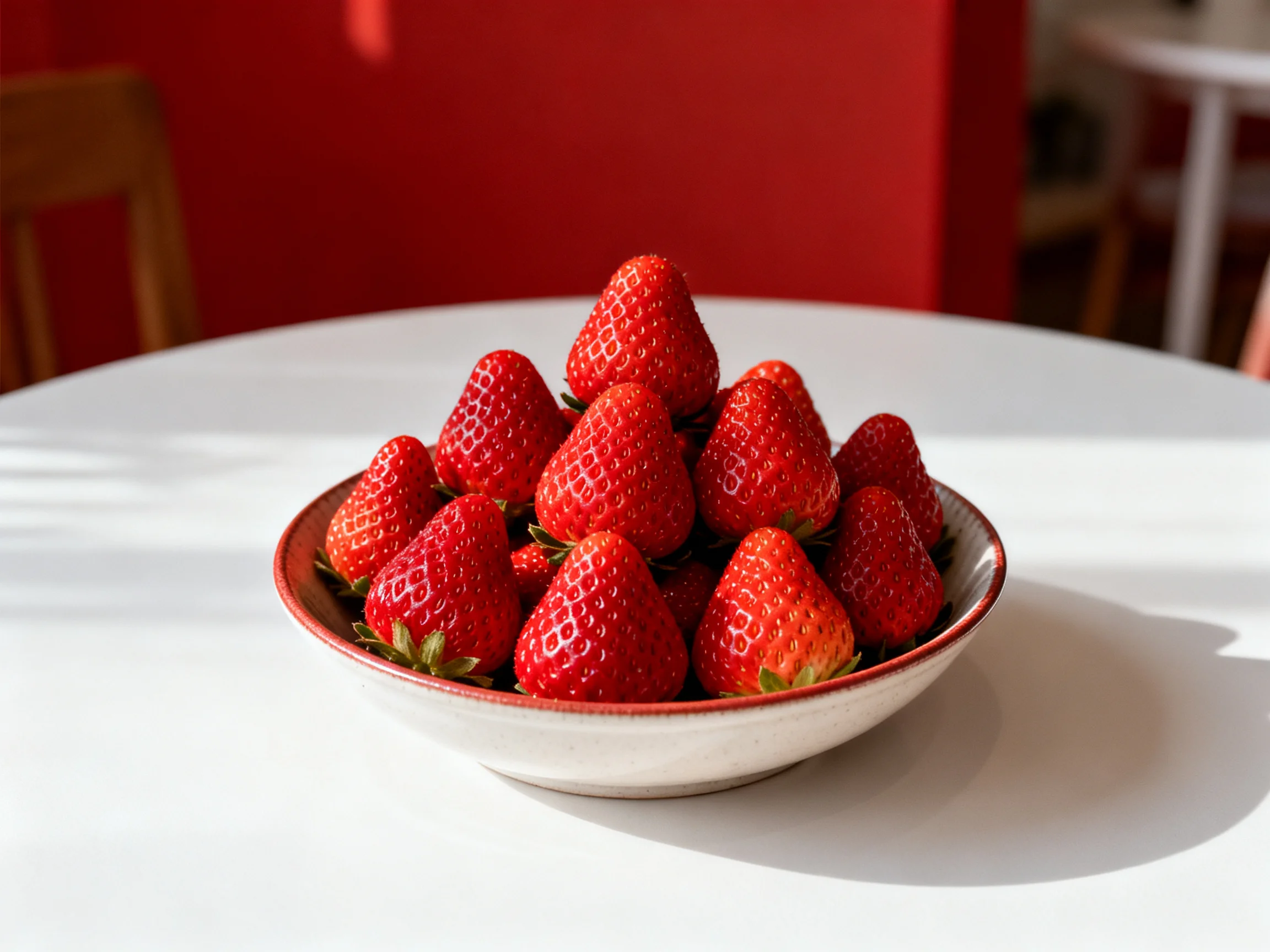 A bowl full of bright red strawberries rests on a white table near a red wall