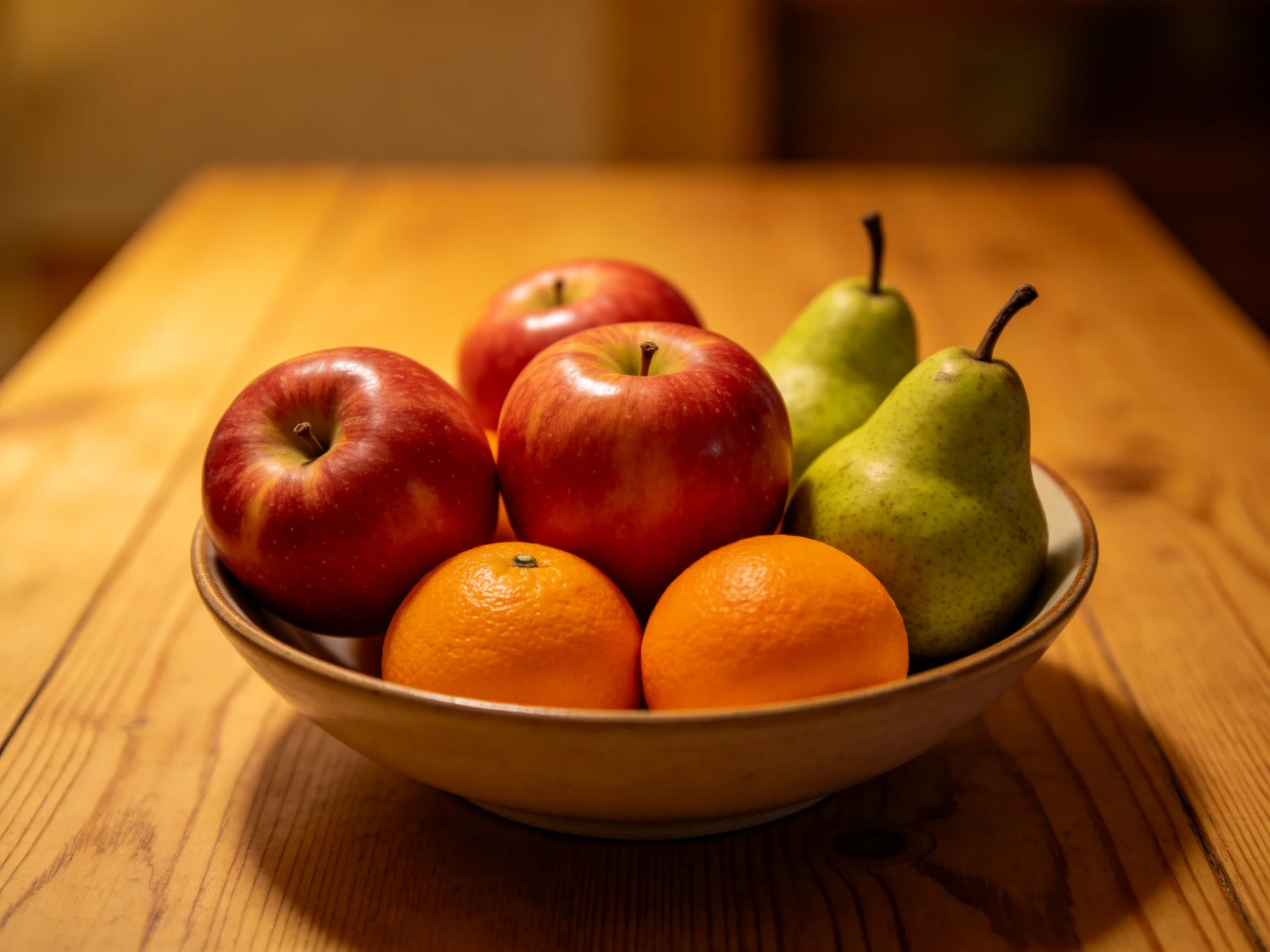 A bowl holding three red apples, two green pears, and two orange tangerines on a wooden table