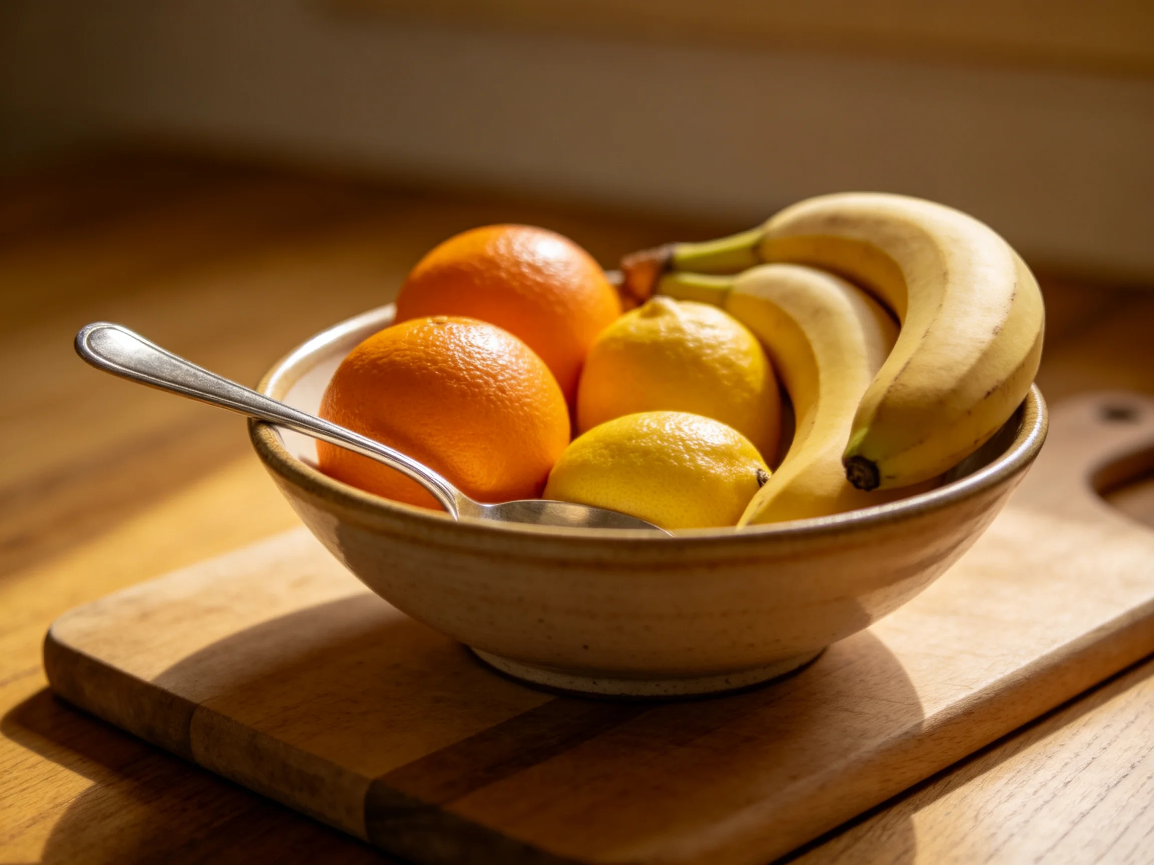 A bowl of assorted citrus fruits and bananas on a wooden cutting board