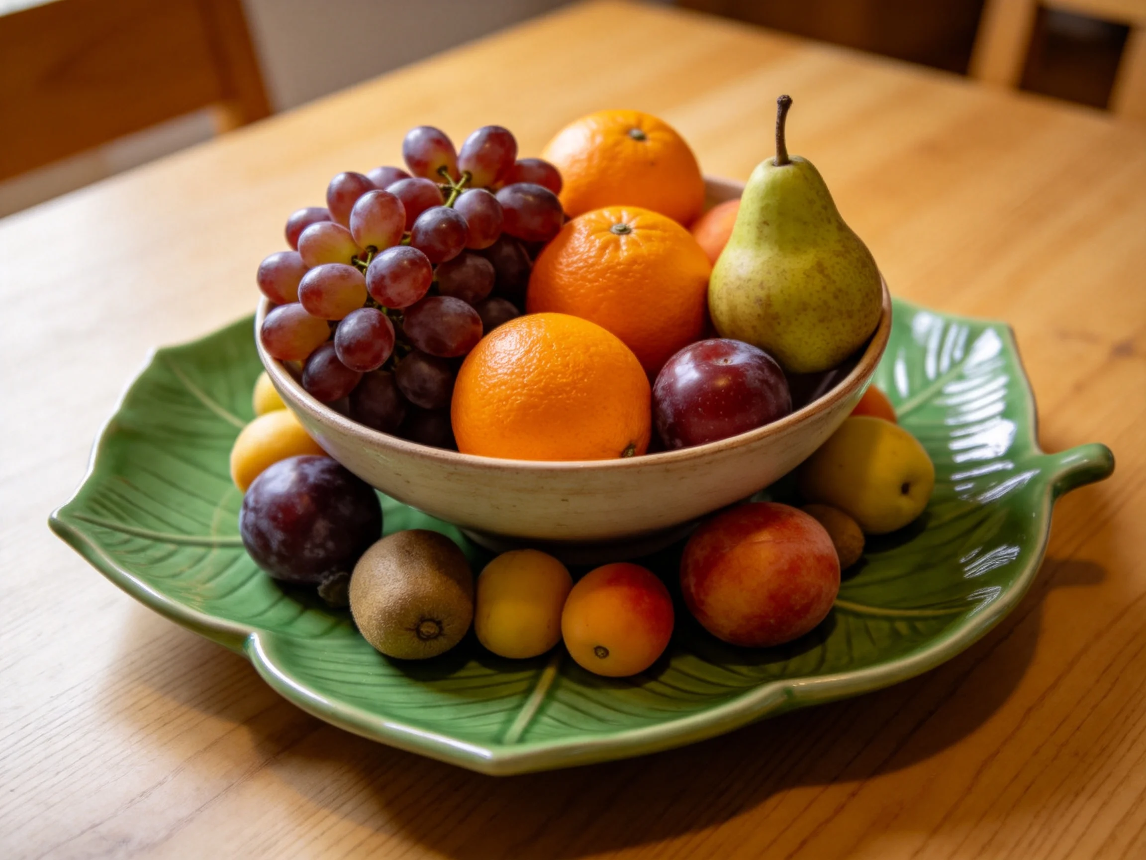 A bowl of assorted colorful fruits displayed on a green leaf - shaped plate