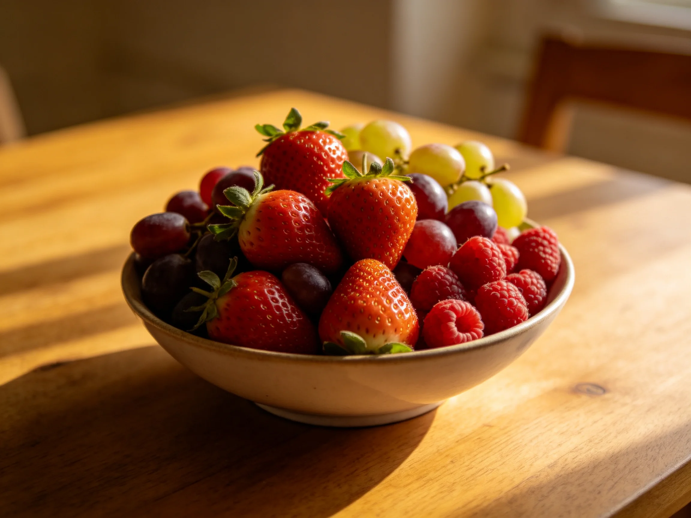 A bowl of assorted fresh fruits including strawberries, raspberries, and grapes sits on a wooden tabl