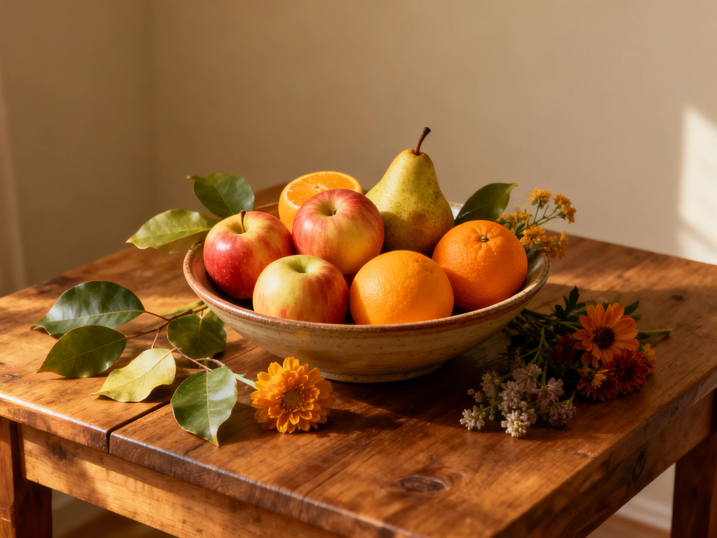 A bowl of assorted fruits and flowers on a rustic wooden table