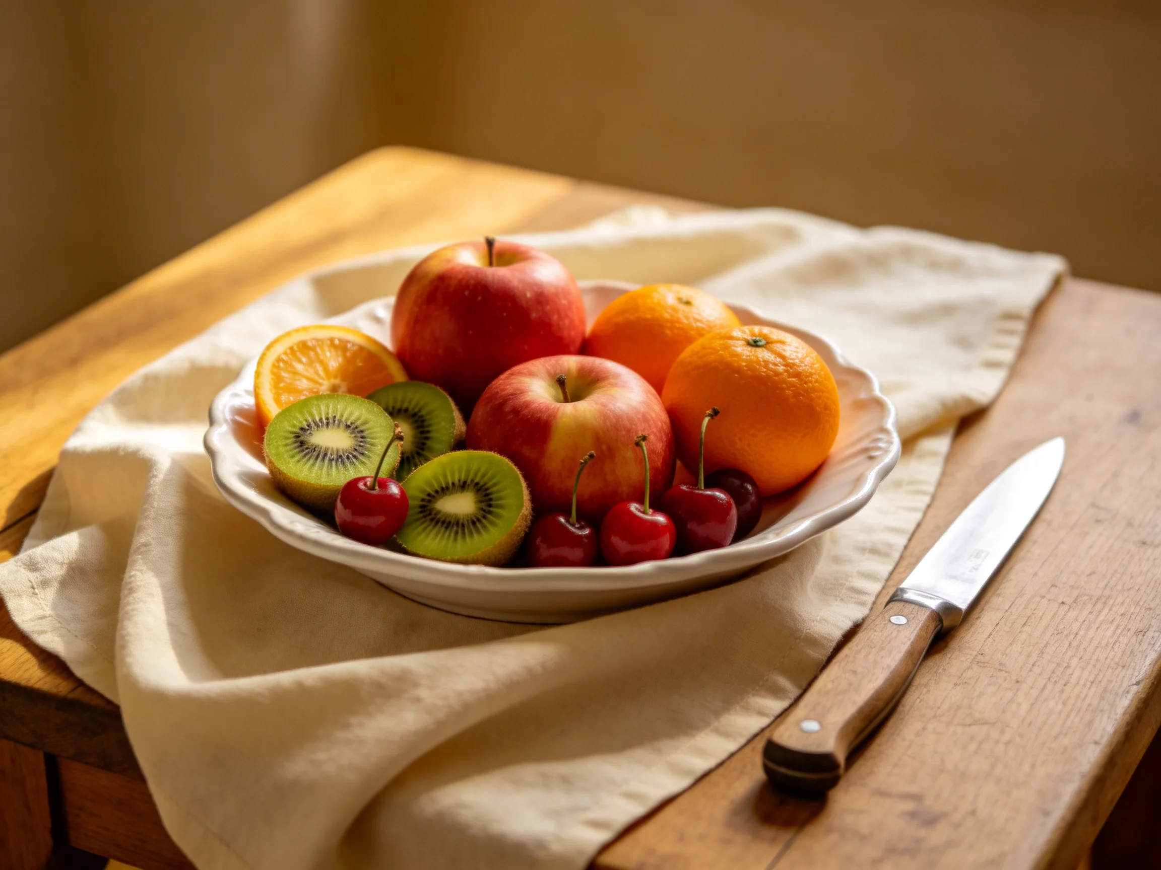 A bowl of assorted fruits including apples, oranges, kiwis, and cherries on a beige cloth