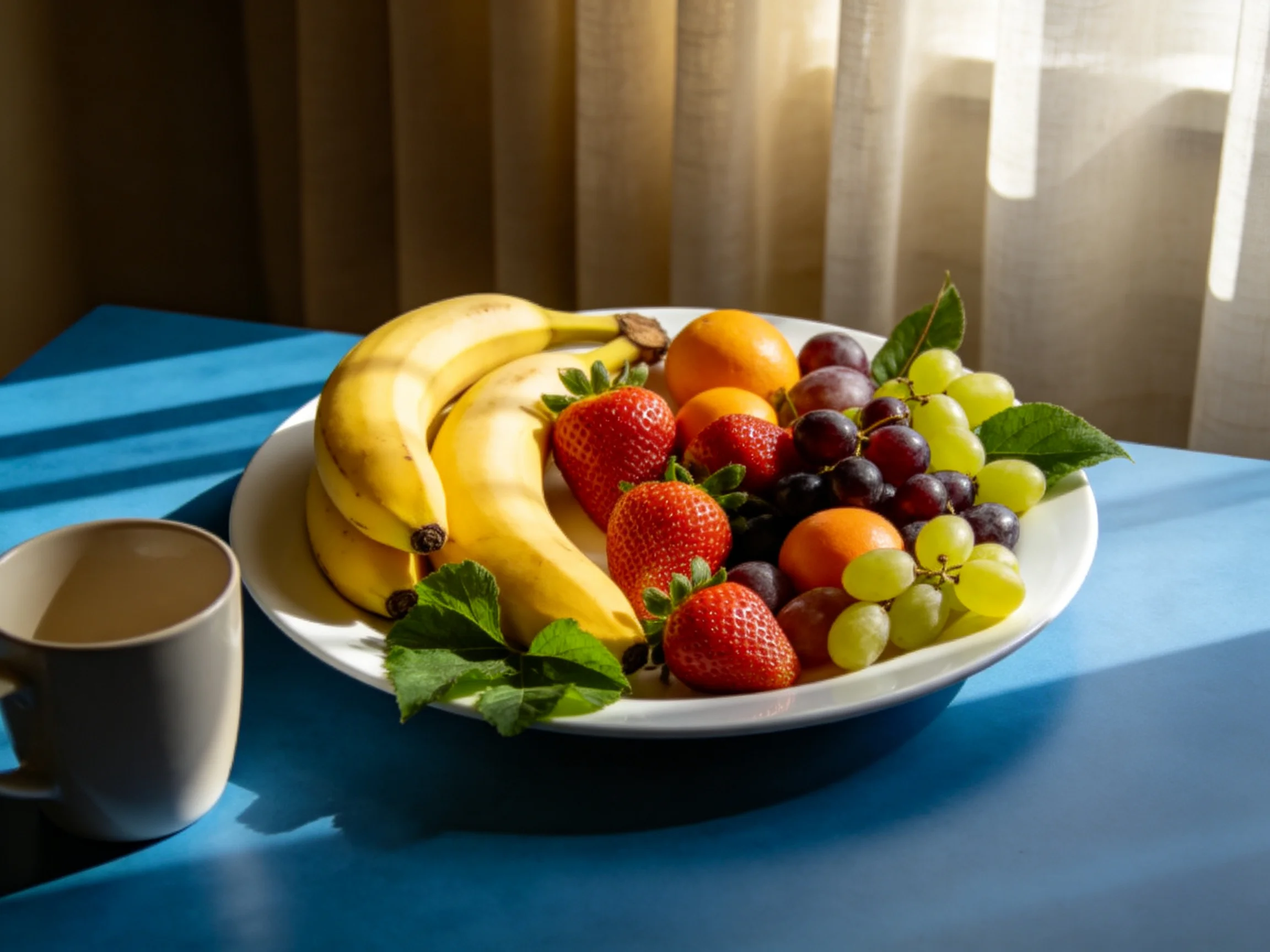 A bowl of assorted fruits including bananas, strawberries, and grapes on a blue table with a gray mug