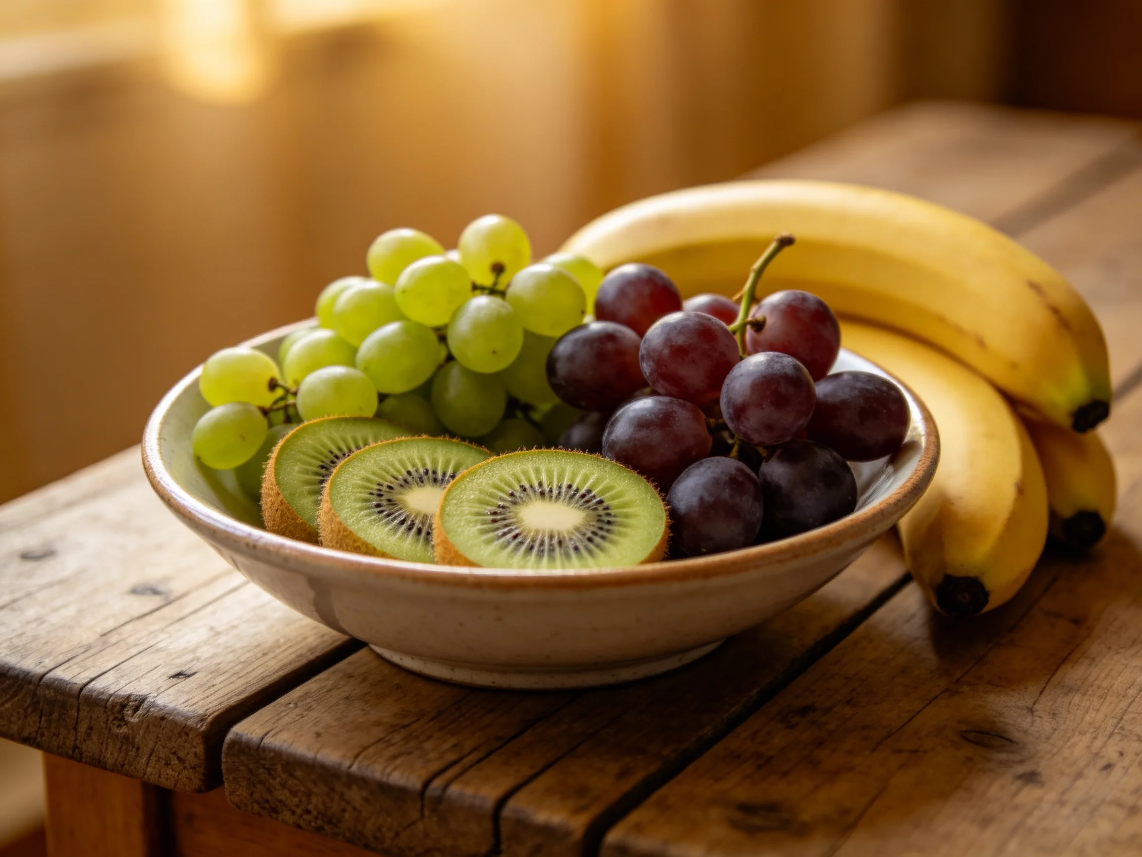 A bowl of assorted fruits including green and purple grapes, kiwi slices, and bananas