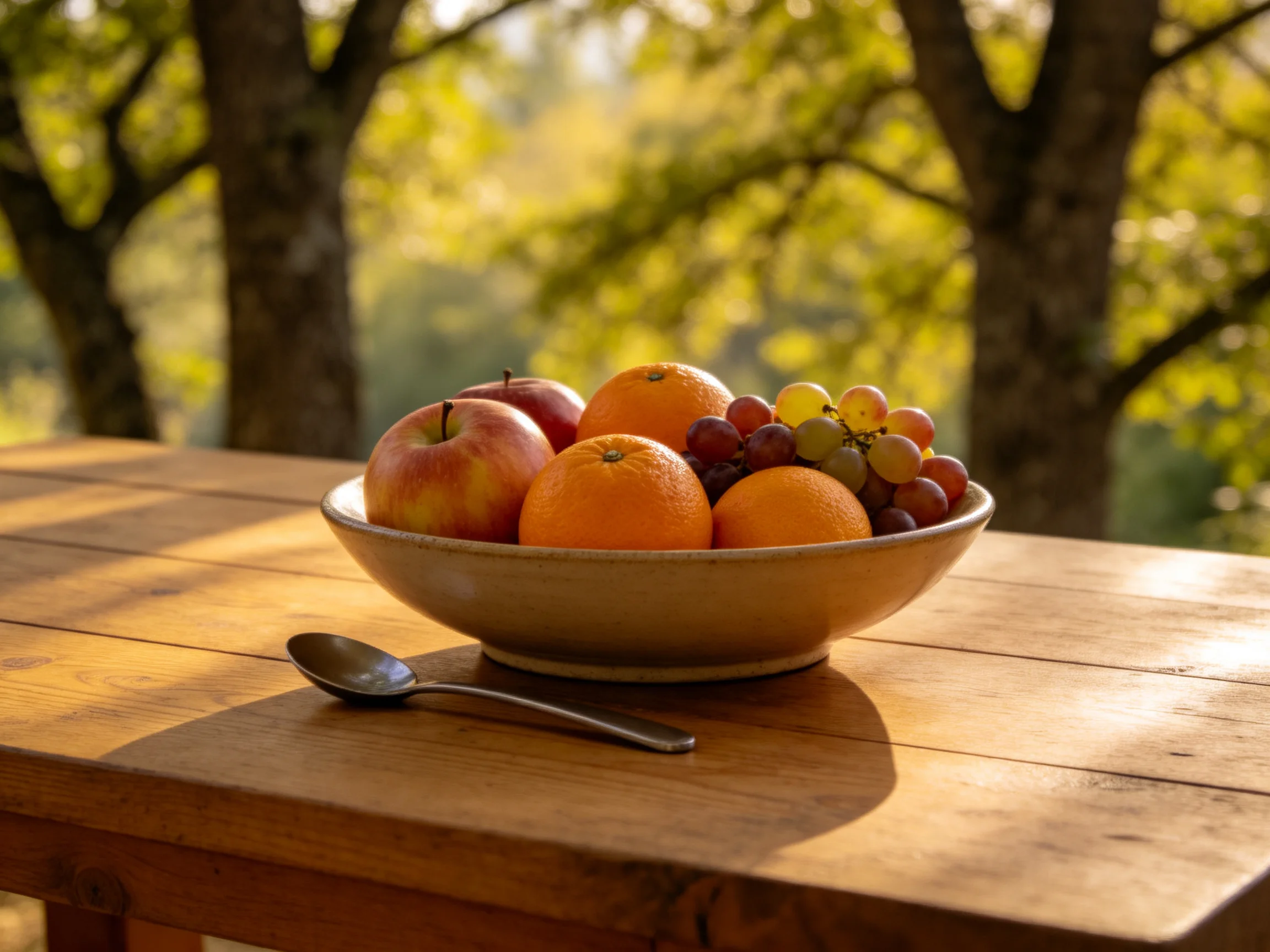 A bowl of assorted fruits on a wooden table in a sunlit outdoor setting