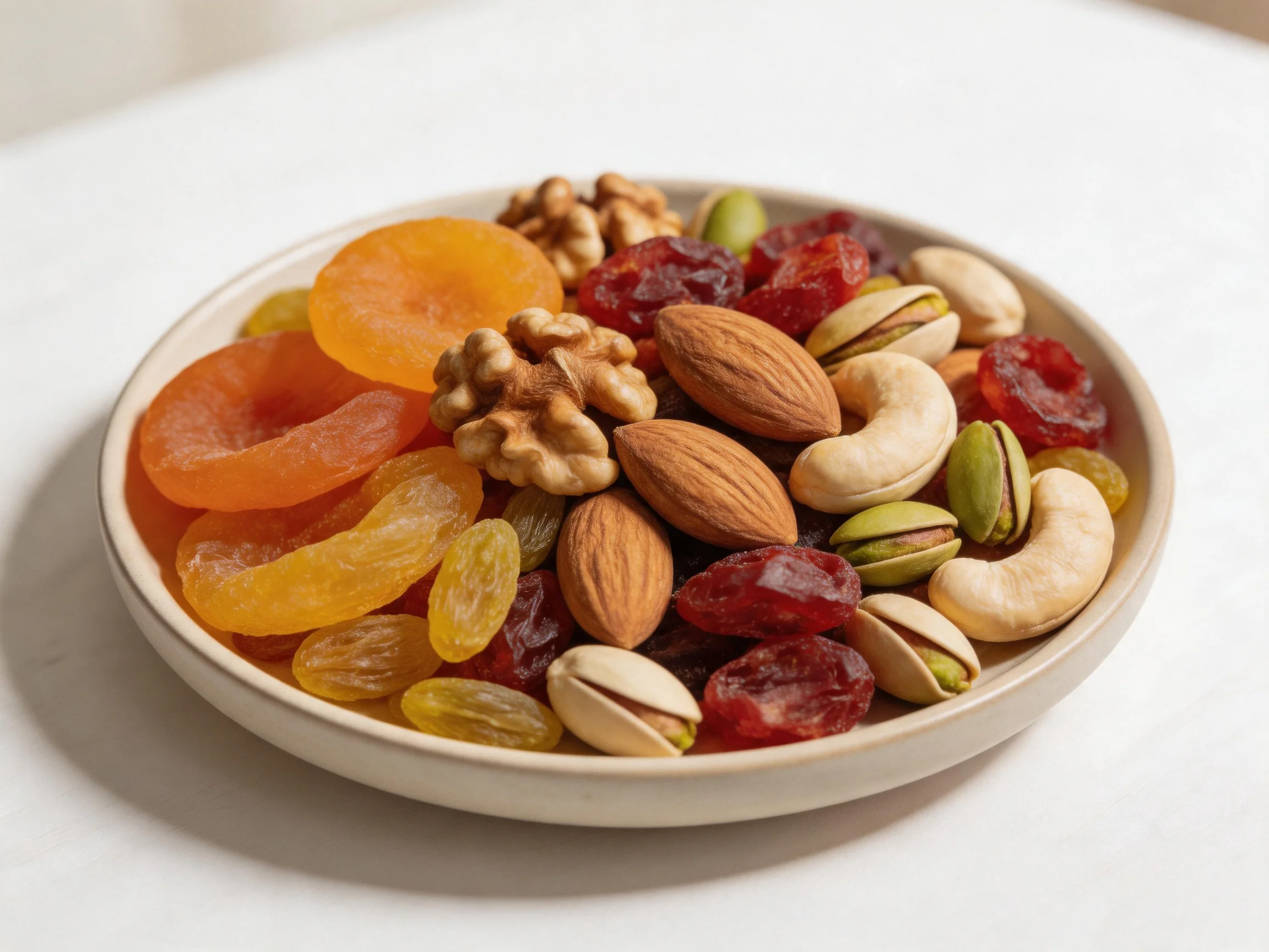 A bowl of assorted nuts and colorful dried fruits