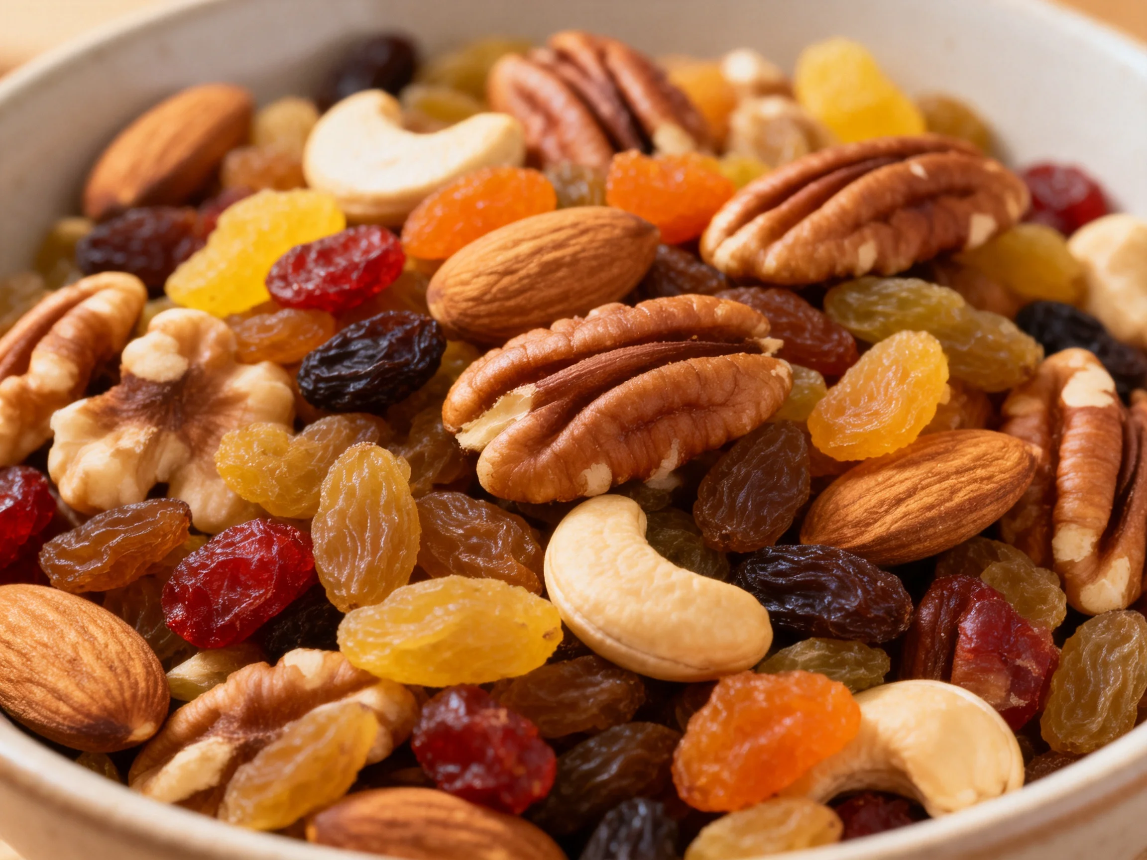 A bowl of assorted nuts and vibrant dried fruits