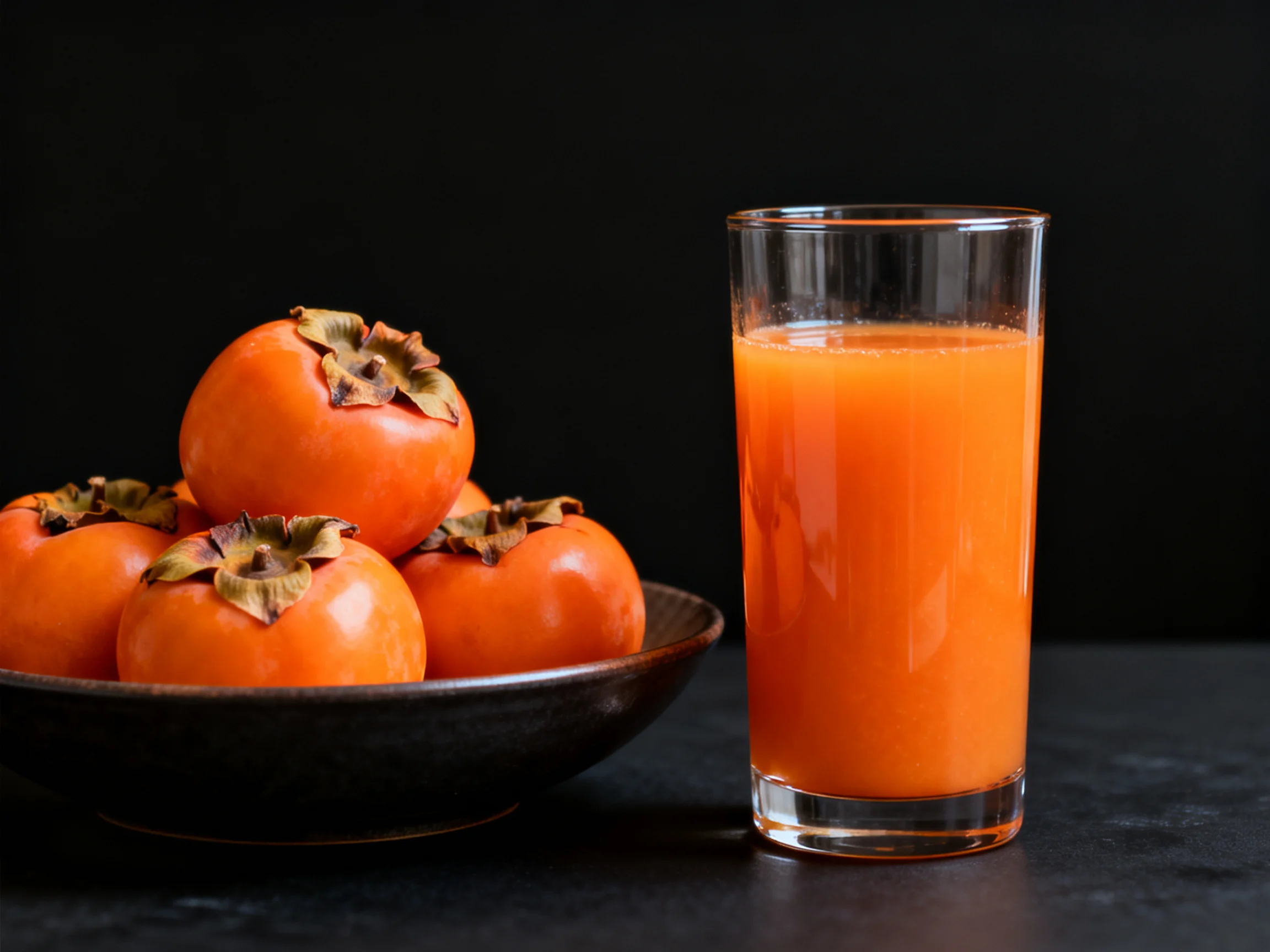 A bowl of bright orange persimmons beside a glass of orange juice
