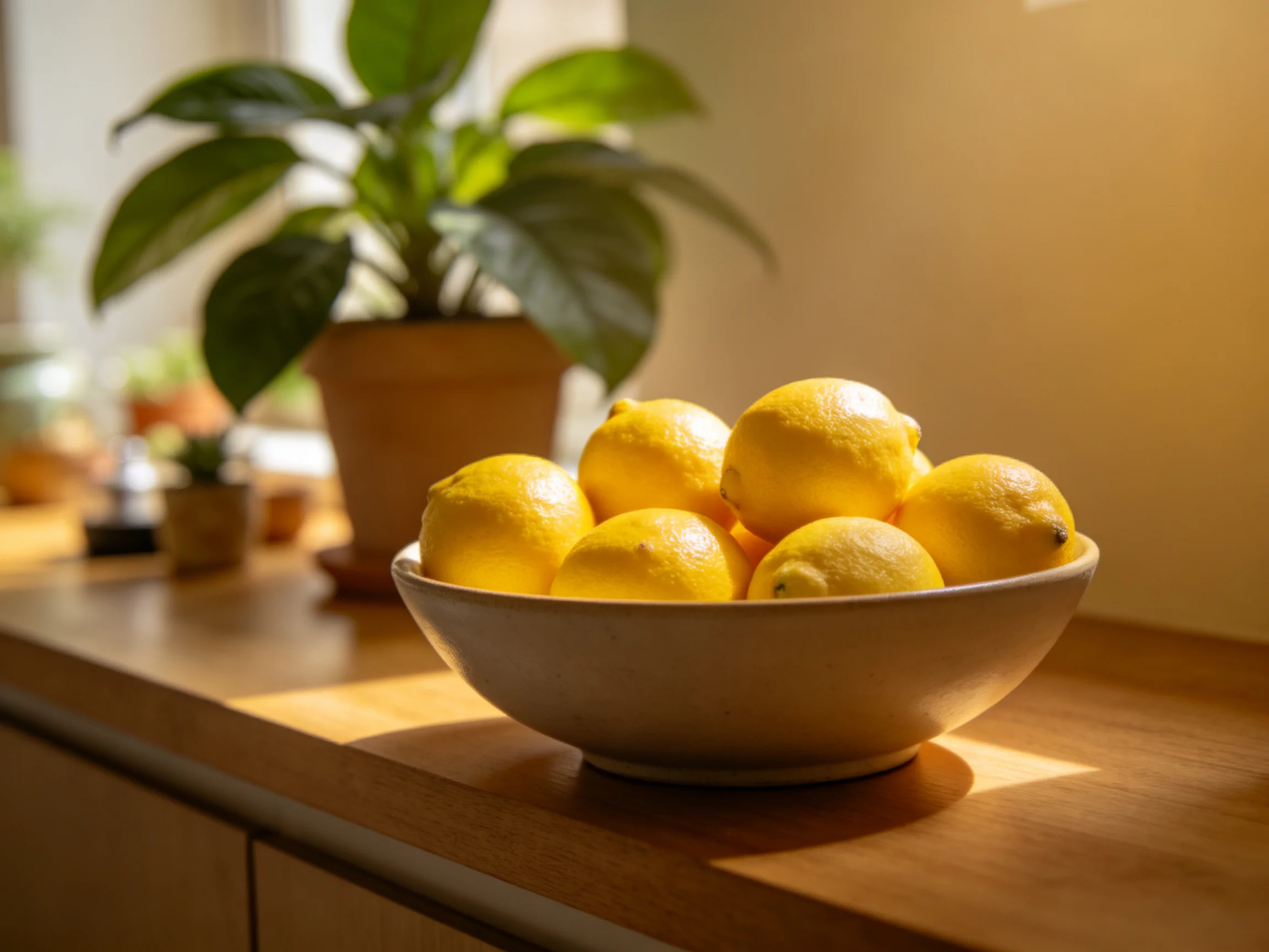 A bowl of bright yellow lemons sits on a wooden counter near green potted plants