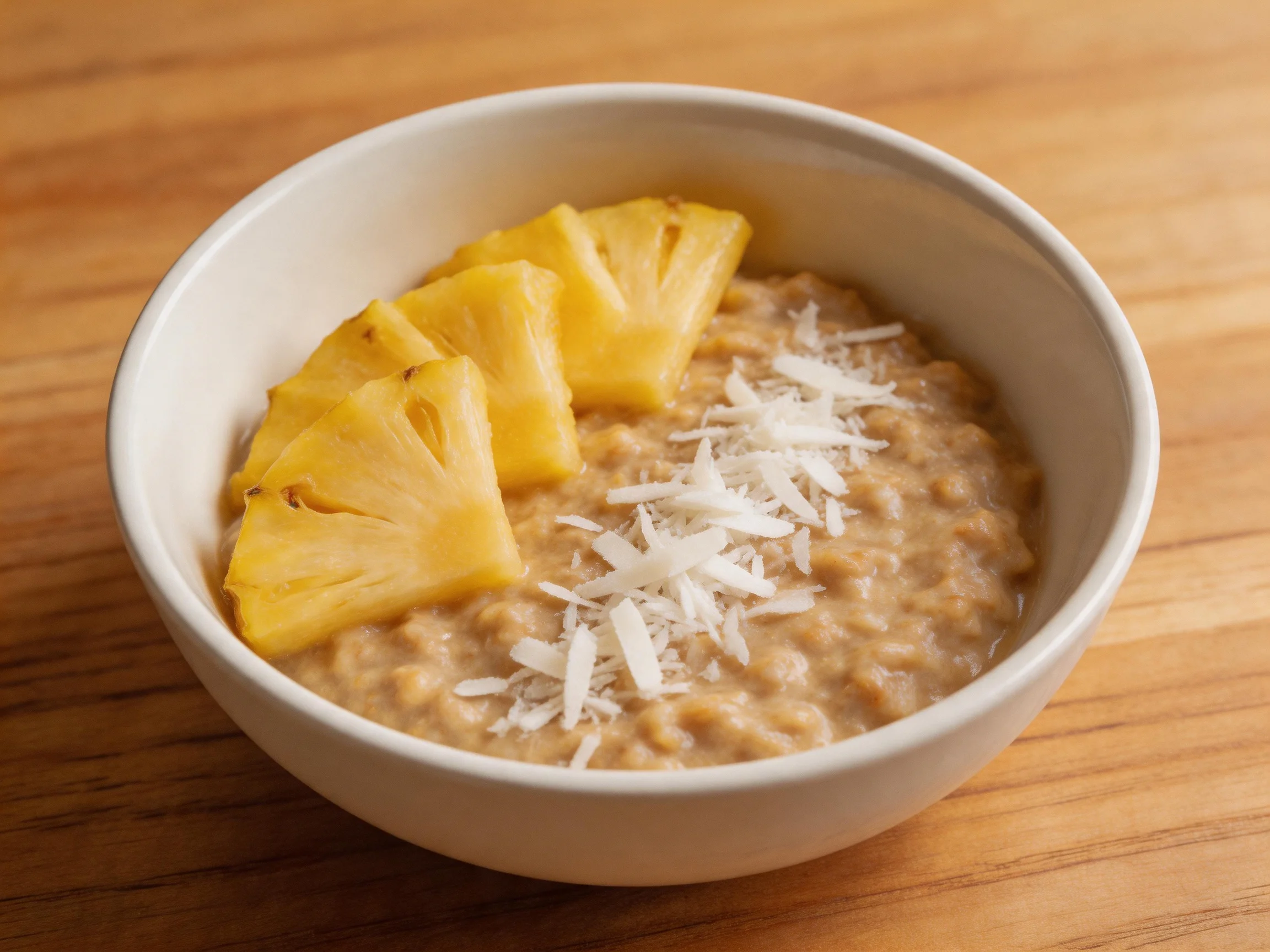 A bowl of creamy oatmeal garnished with pineapple slices and coconut flakes