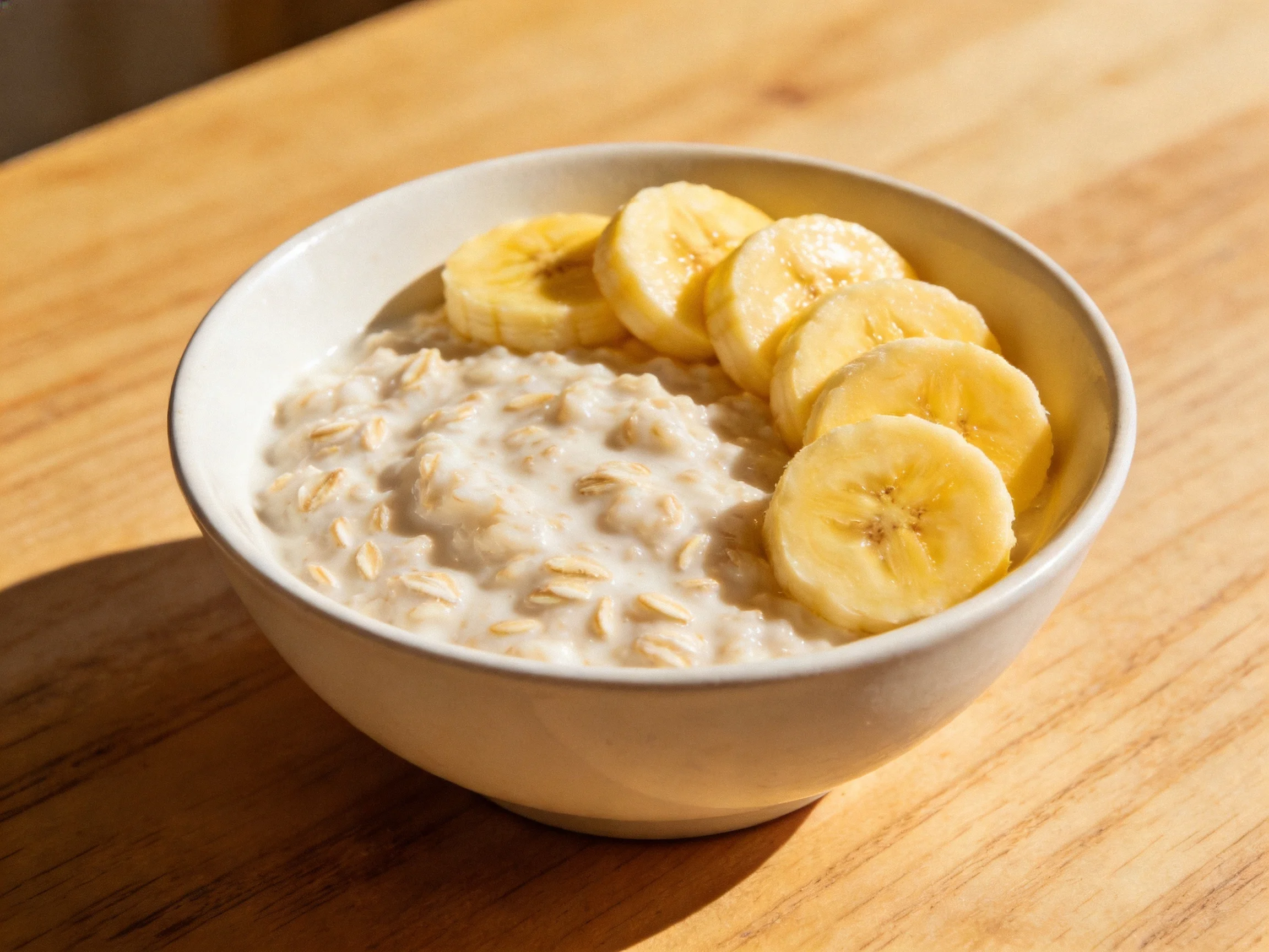 A bowl of creamy oatmeal topped with fresh banana slices