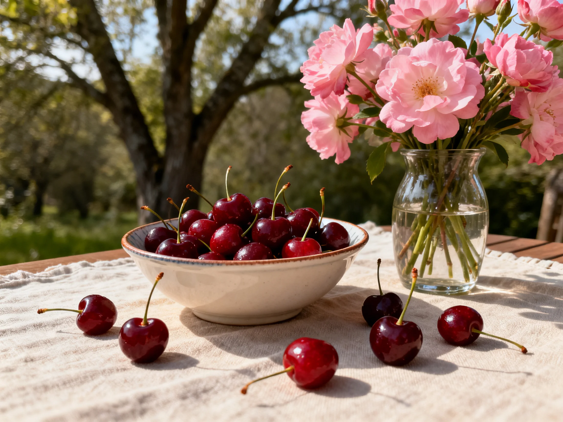 A bowl of dark cherries beside pink roses on a sunny outdoor table
