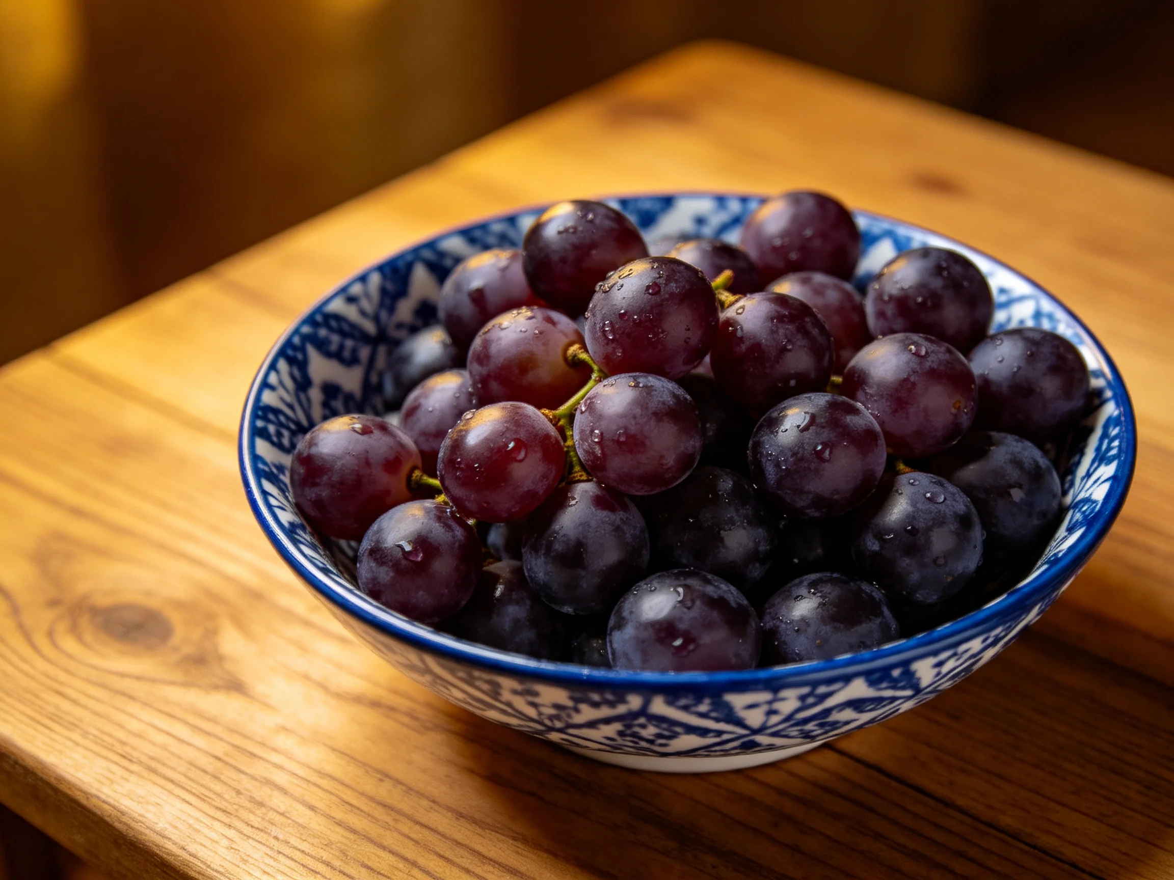 A bowl of dark purple grapes in a blue-patterned ceramic dish