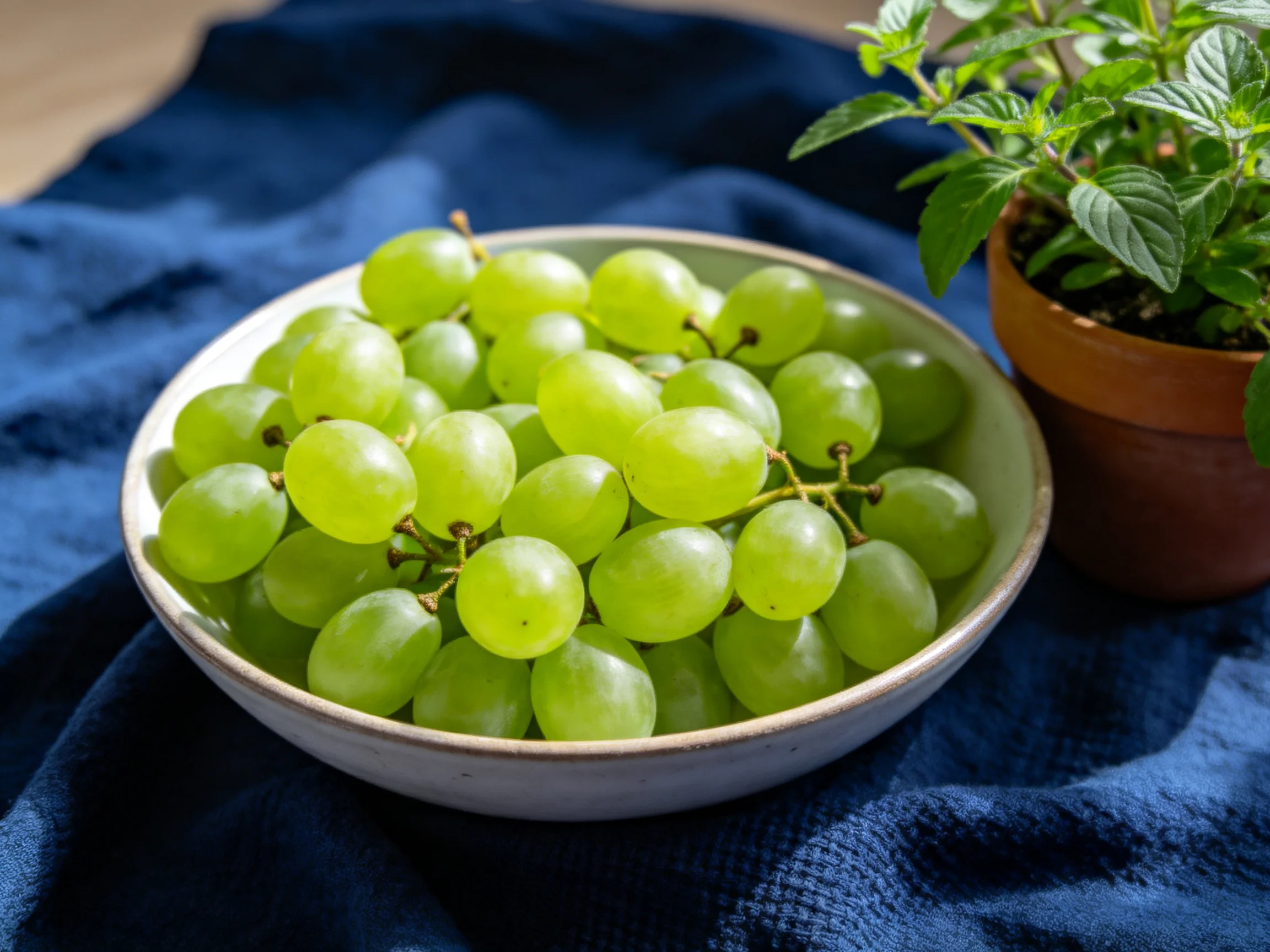 A bowl of fresh green grapes sits beside a potted mint plant on a dark blue cloth