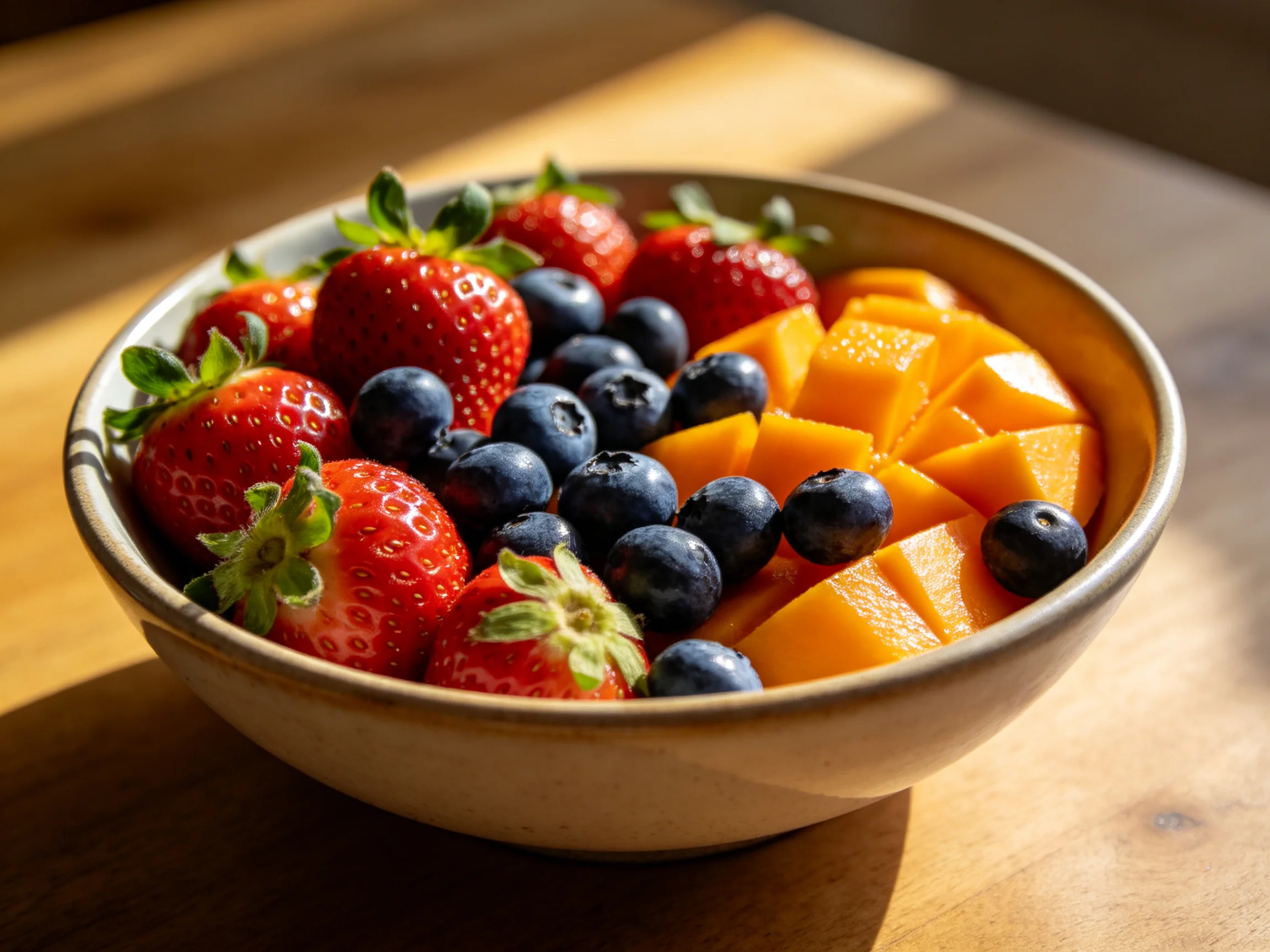 A bowl of fresh strawberries, blueberries, and diced mango