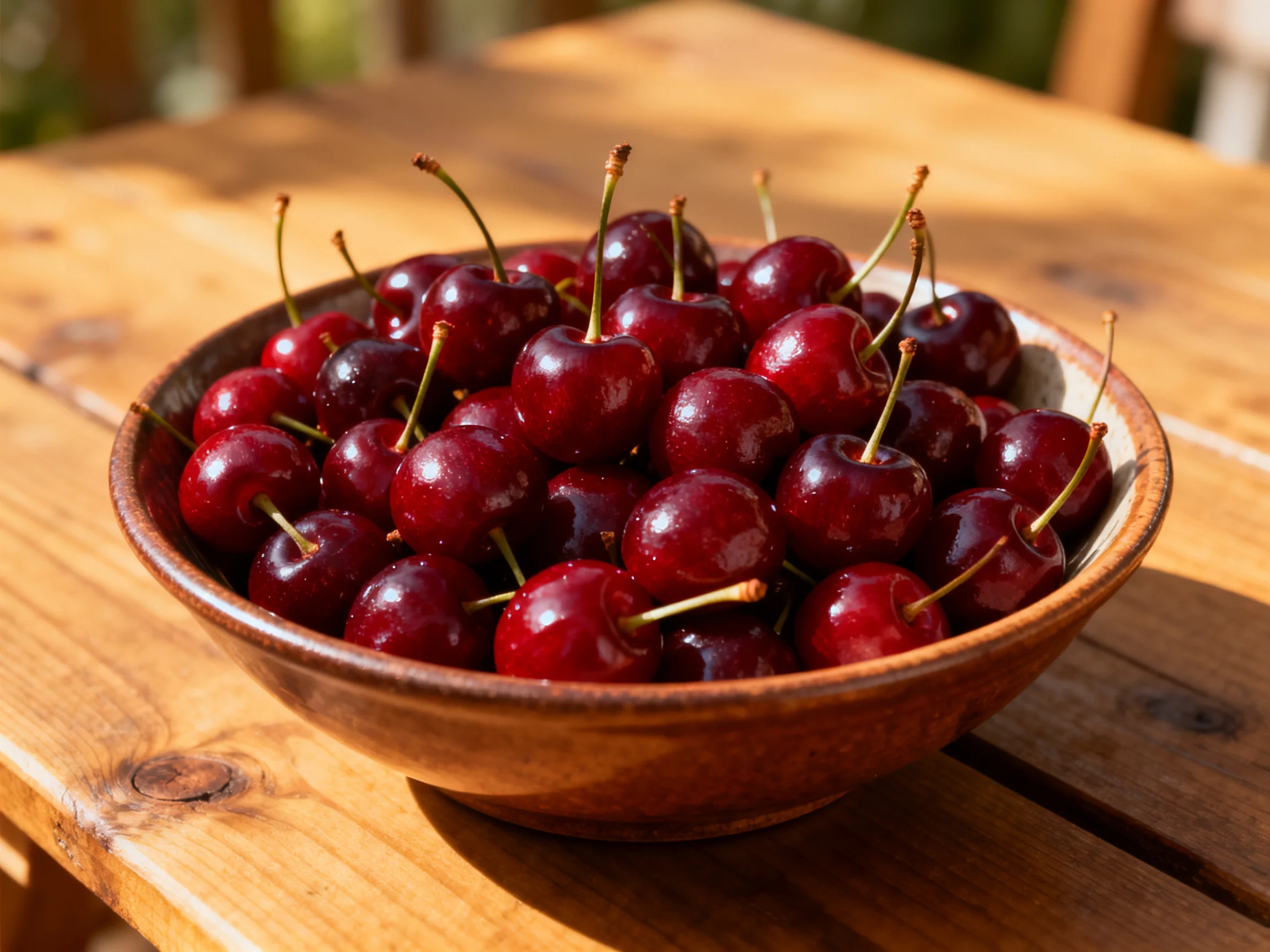 A bowl of glossy dark red cherries on a wooden table