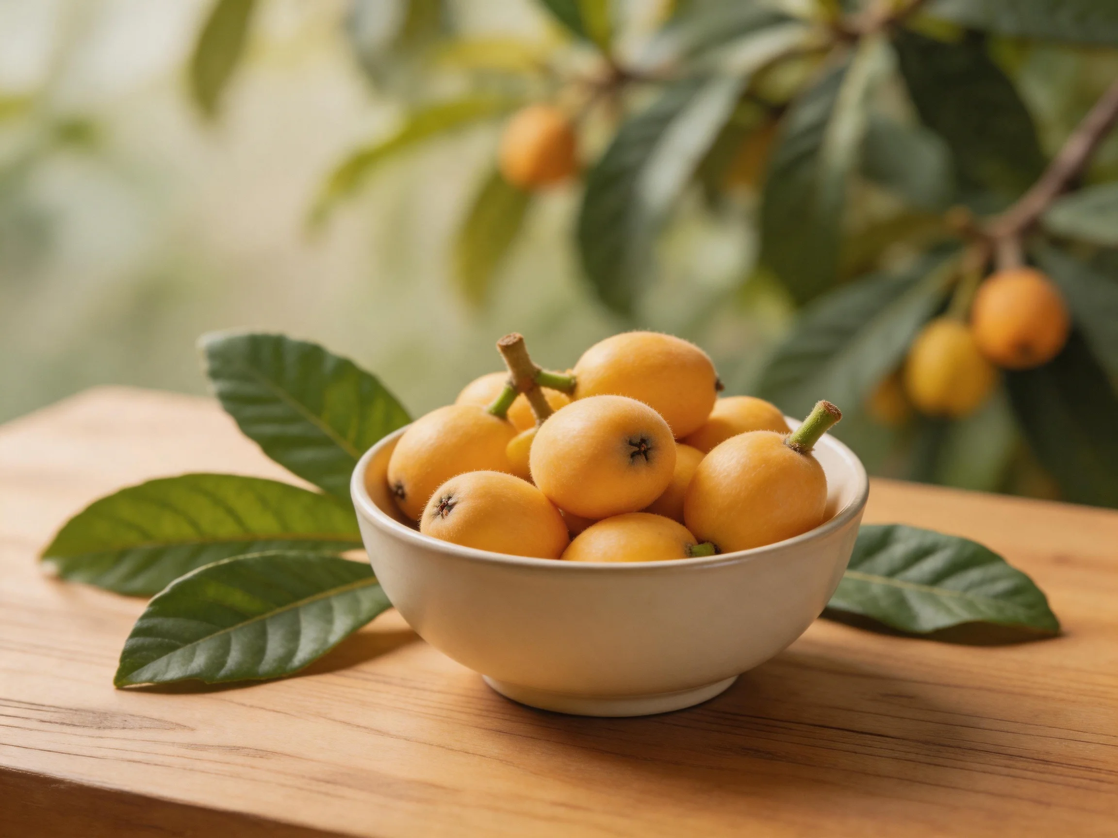 A bowl of golden loquats with green leaves on a wooden surface