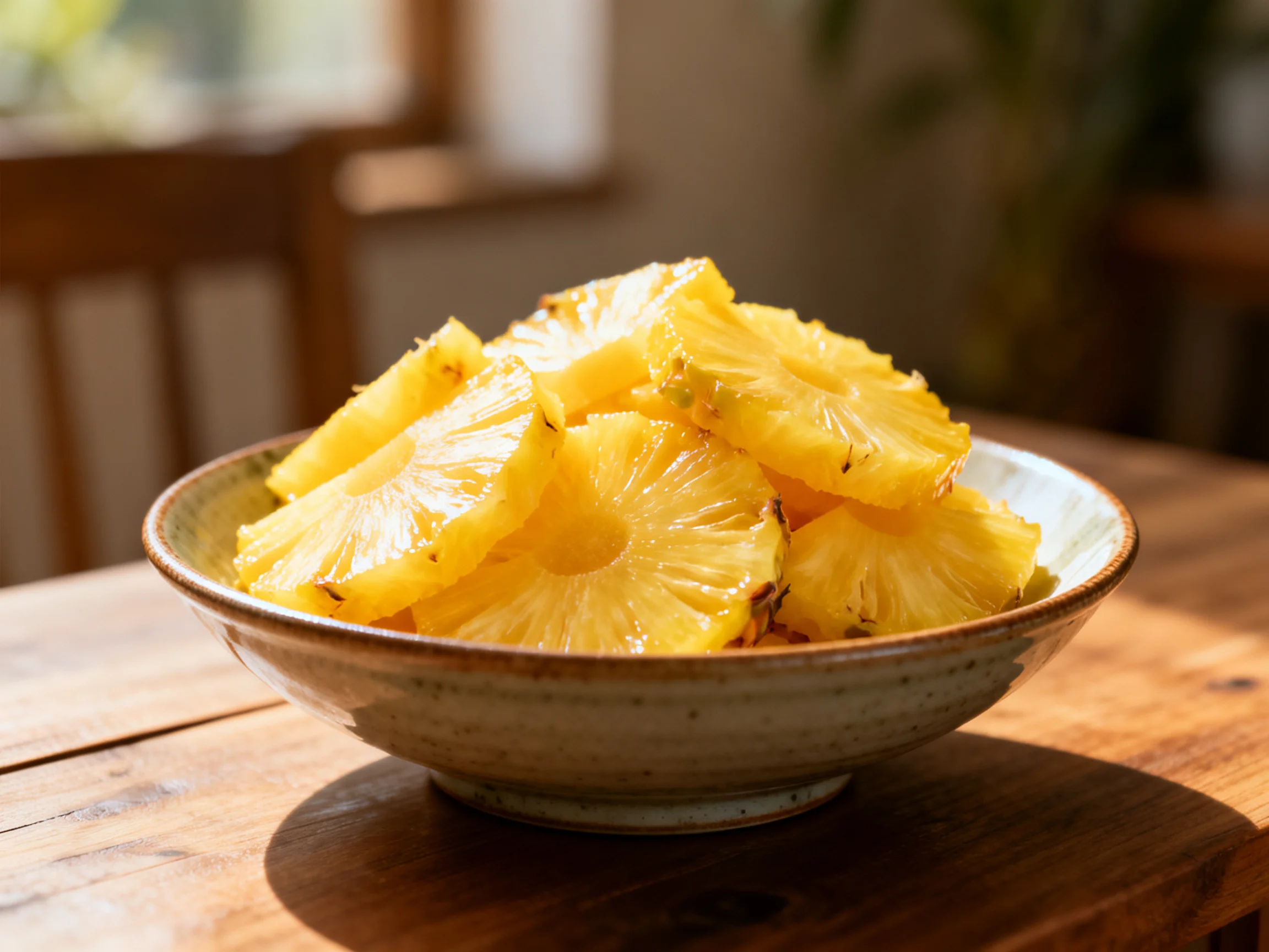 A bowl of golden pineapple slices on a rustic woodentable