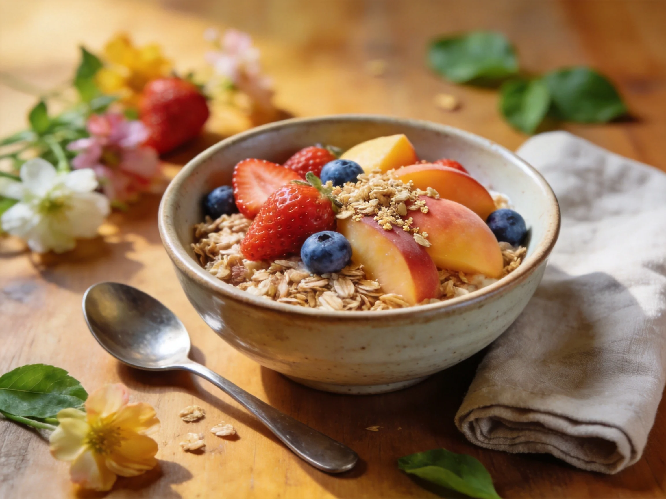 A bowl of granola topped with fresh strawberries, peaches, and blueberries on a wooden table