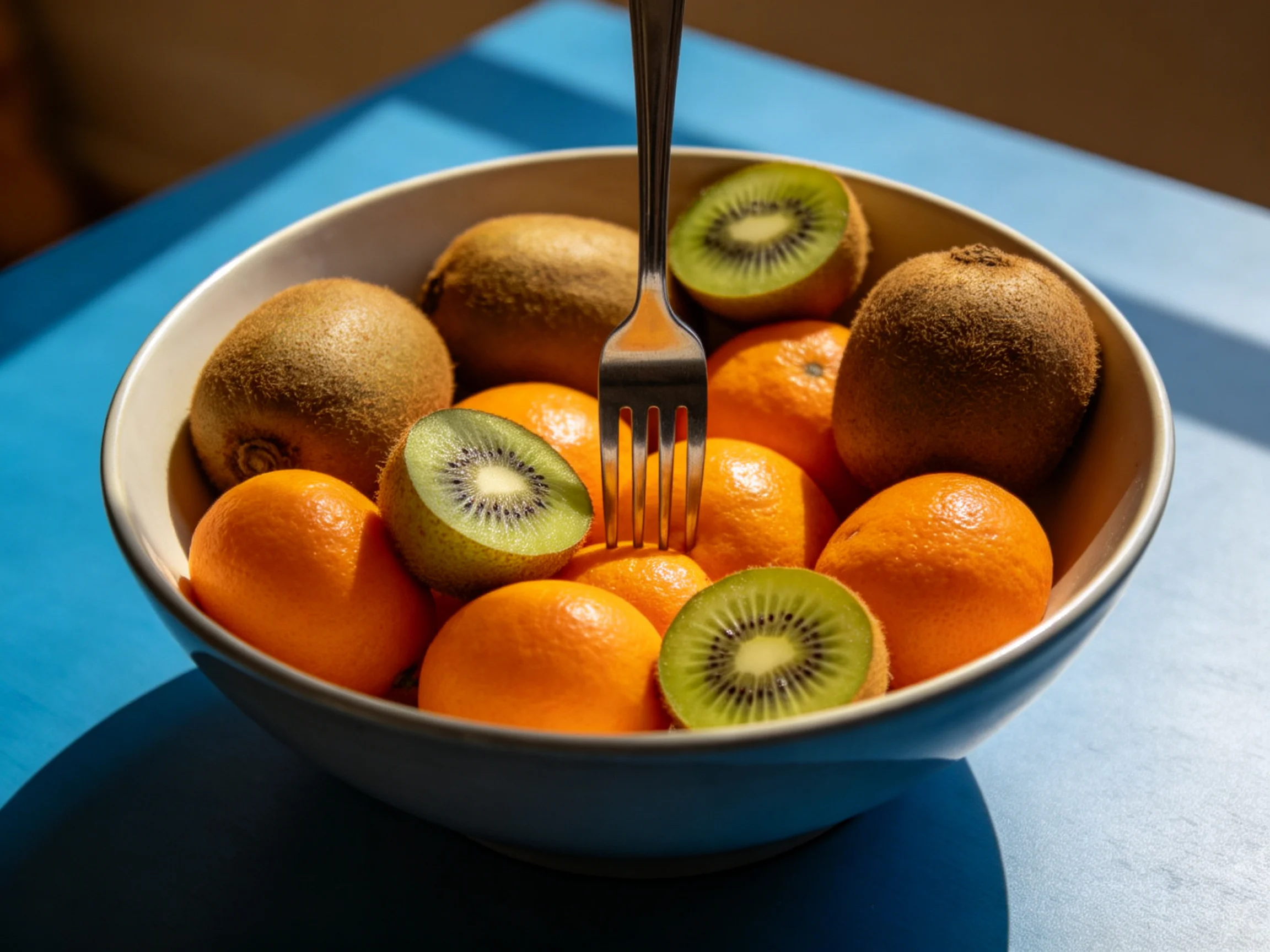 A bowl of kiwis and oranges with a fork sits on a bright blue surface