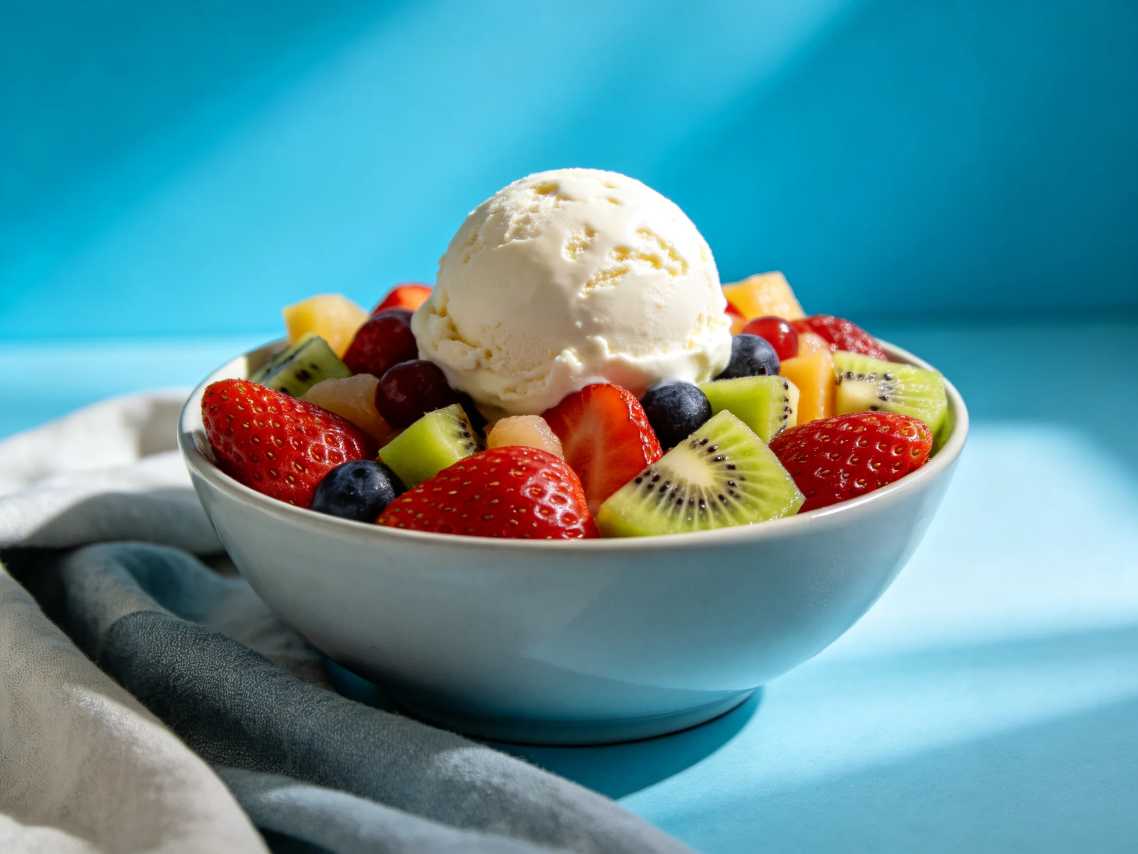 A bowl of mixed fresh fruit salad topped with vanilla ice cream