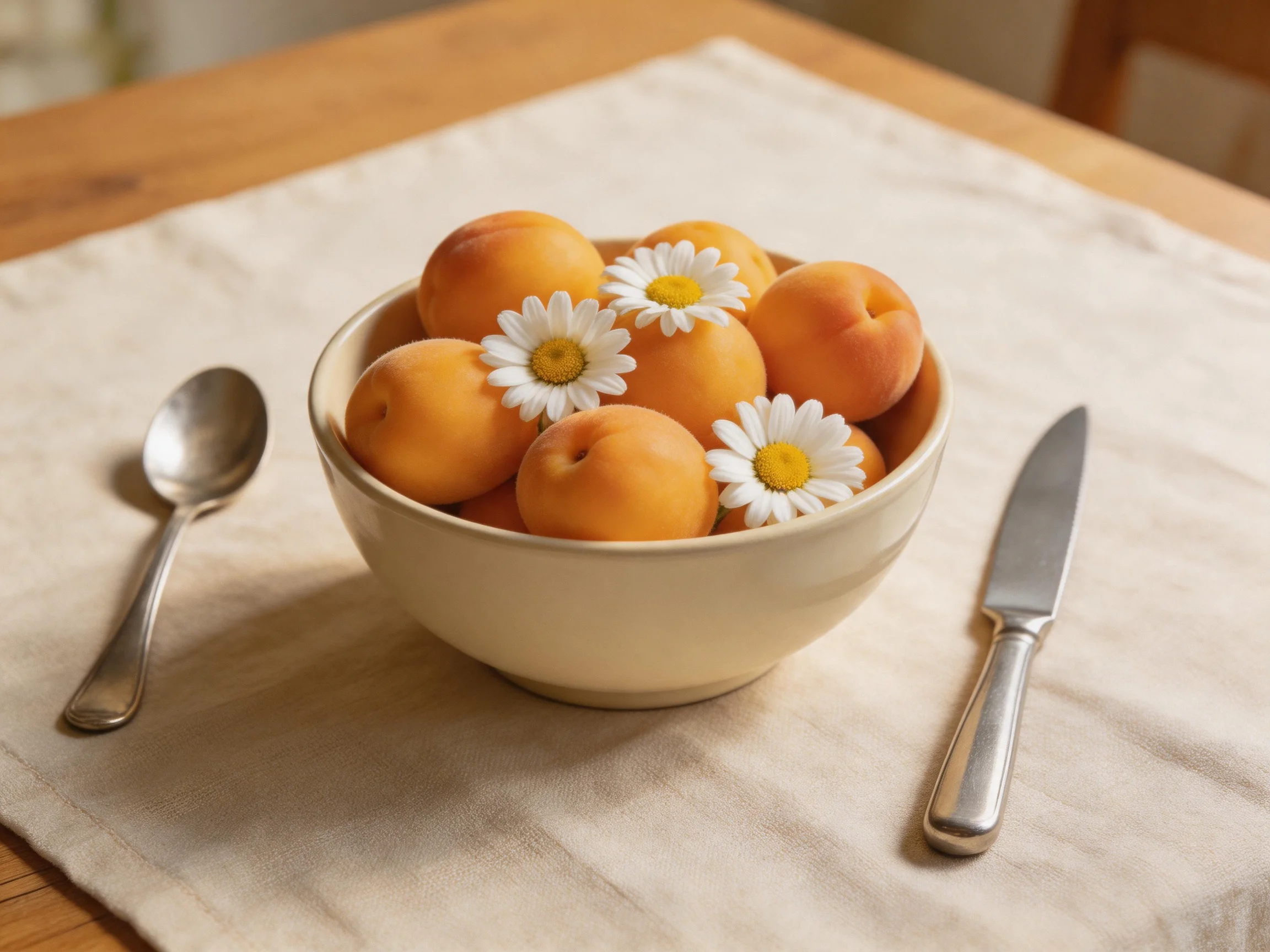 A bowl of orange apricots with white daisies on a beige cloth