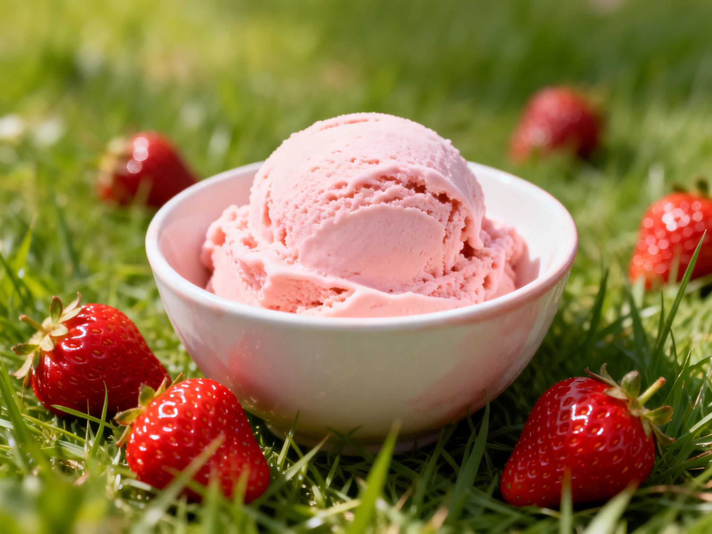 A bowl of pink strawberry ice cream surrounded by fresh strawberries on green grass