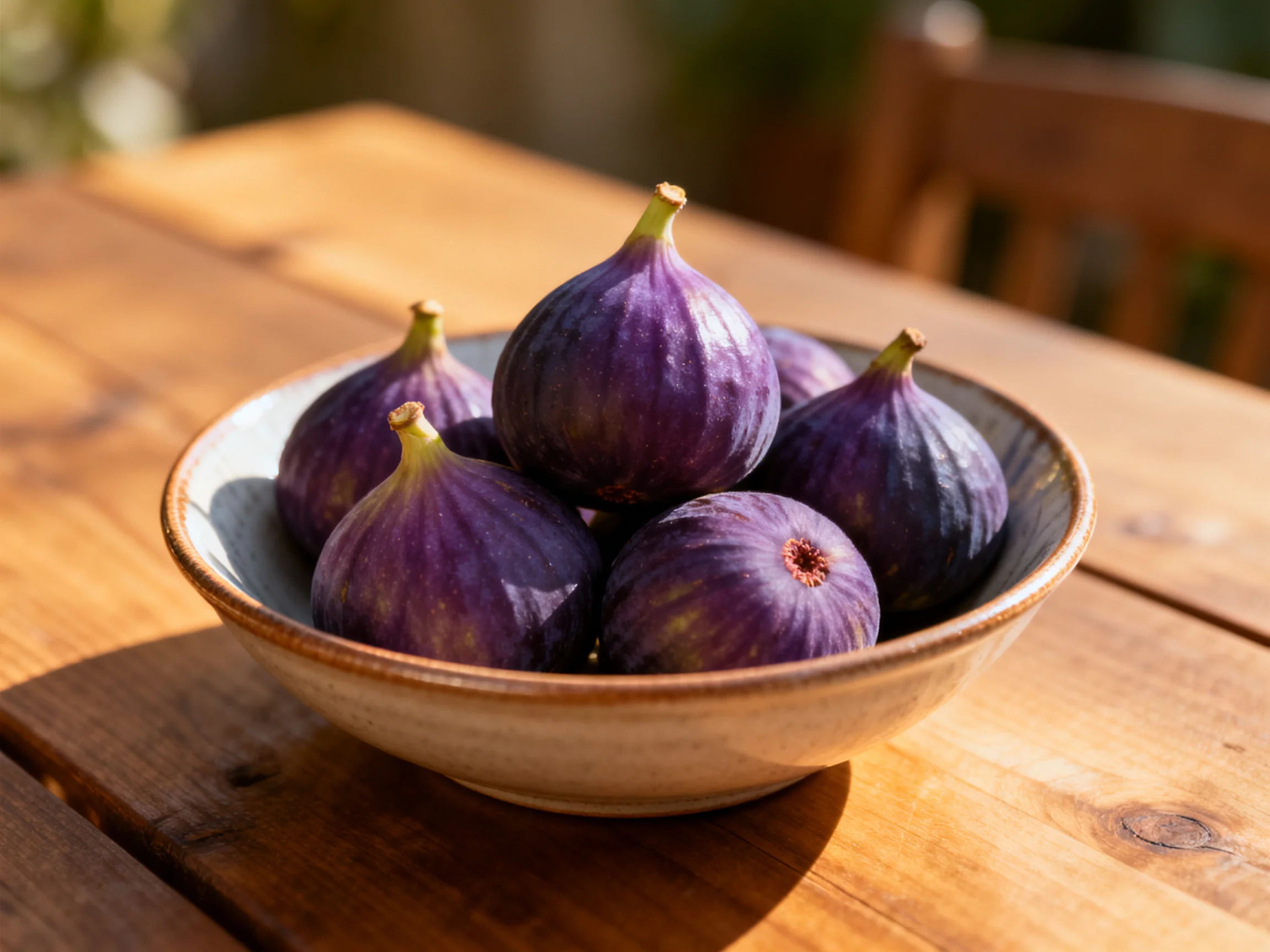 A bowl of plump purple figs sits atop a wooden outdoor table