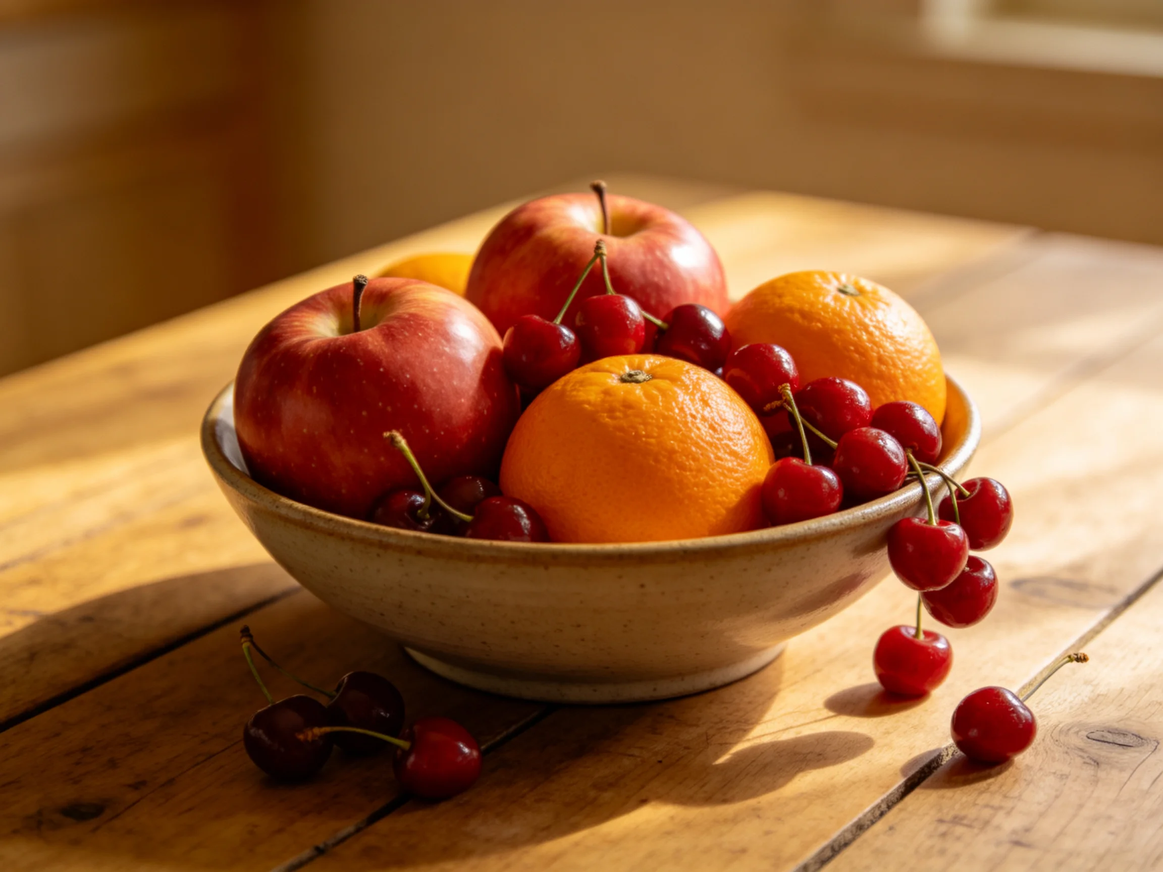A bowl of red apples, orange oranges, and cherry cherries on a wooden table