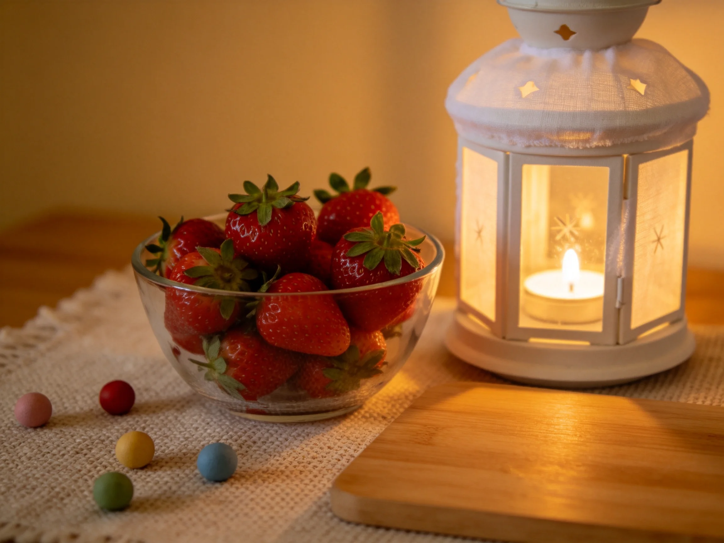 A bowl of ripe strawberries beside a lit white lantern with colorful candies