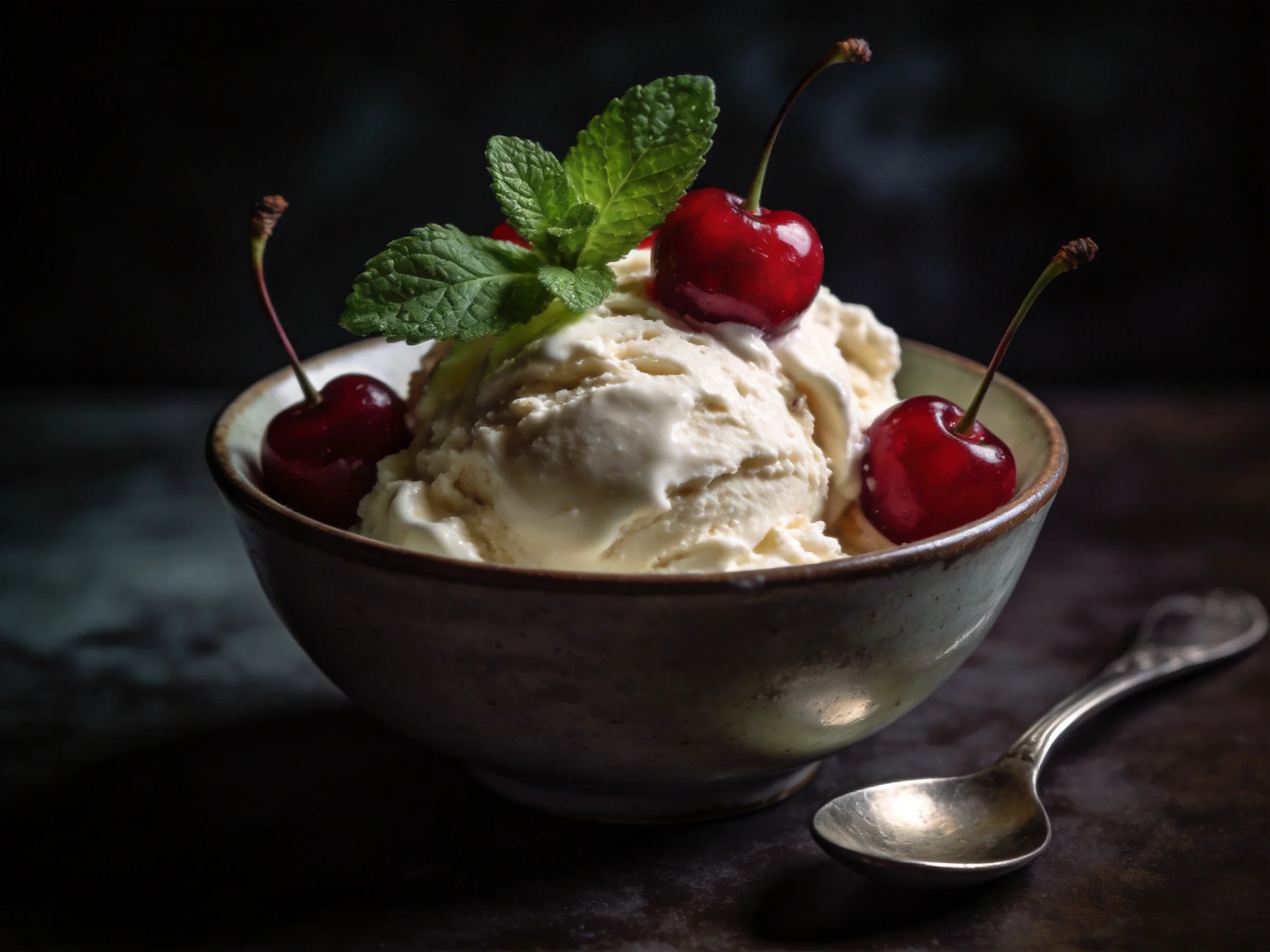 A bowl of vanilla ice cream garnished with cherries and mint
