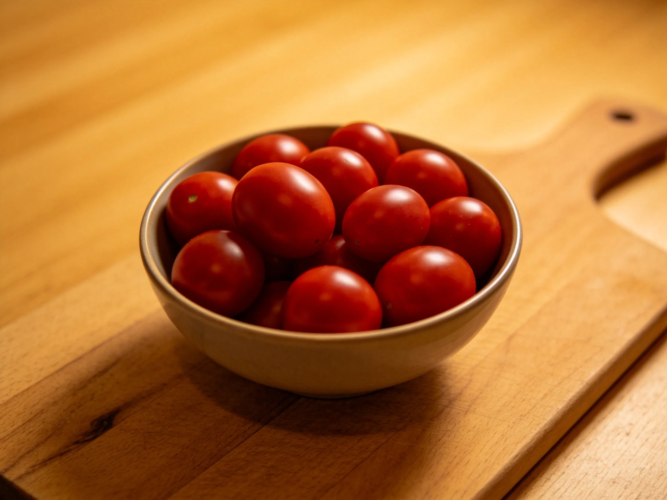 A bowl of vibrant cherry tomatoes sits atop a wooden cutting board