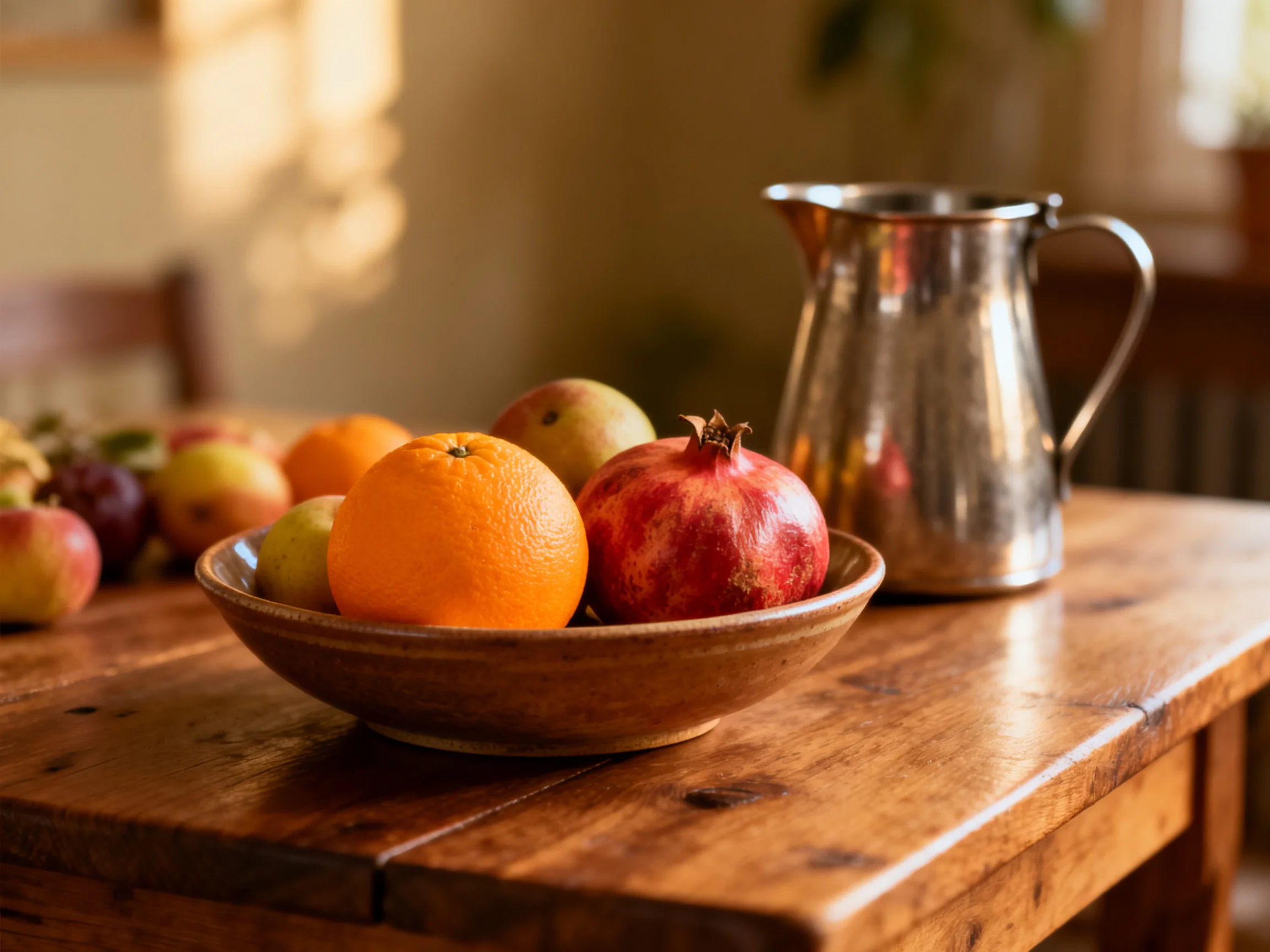 A bowl of vibrant fruits rests beside a silver pitcher on a wooden table