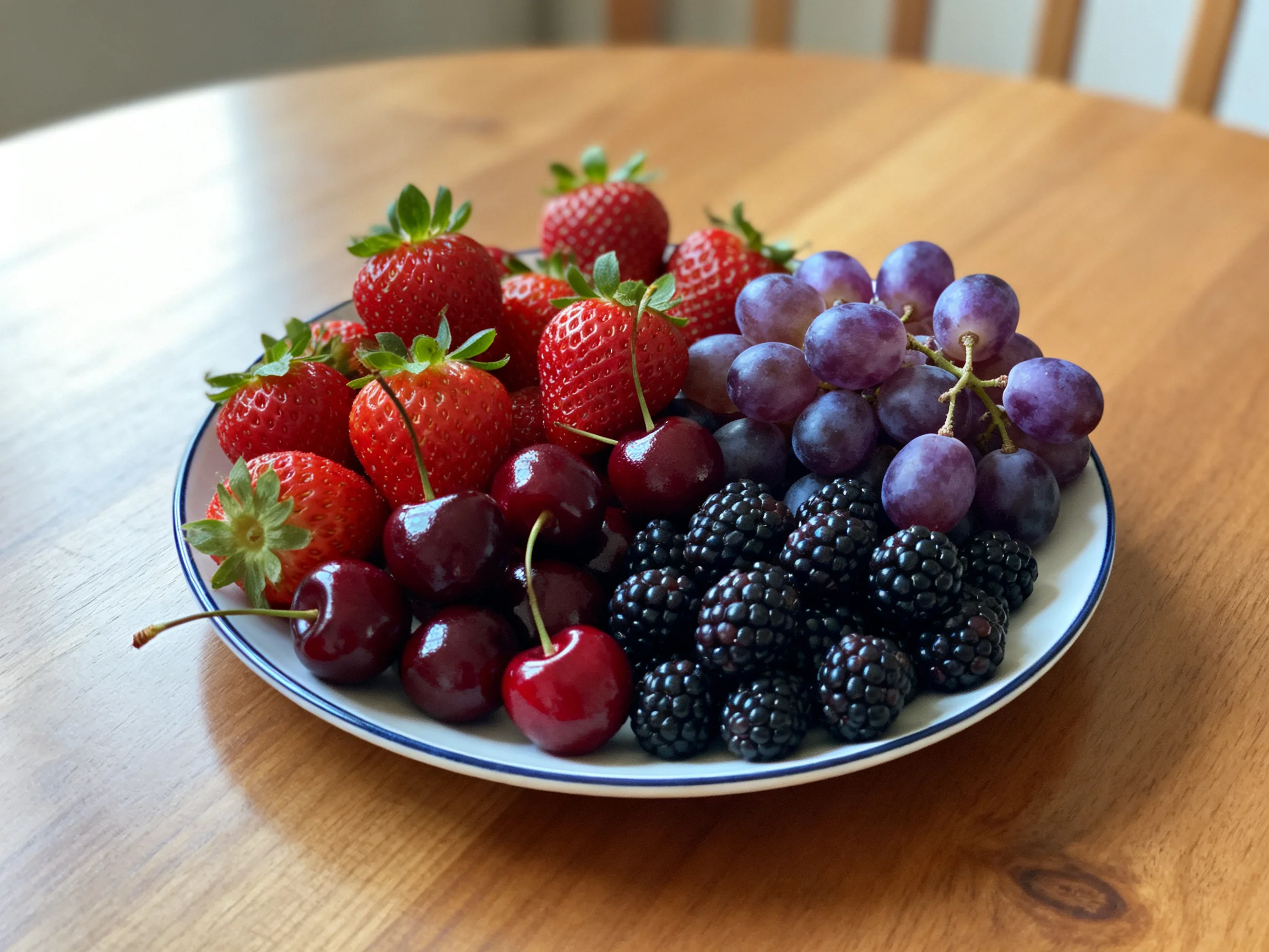 A bowl of vibrant mixed fruits including strawberries, grapes, cherries, and blackberries